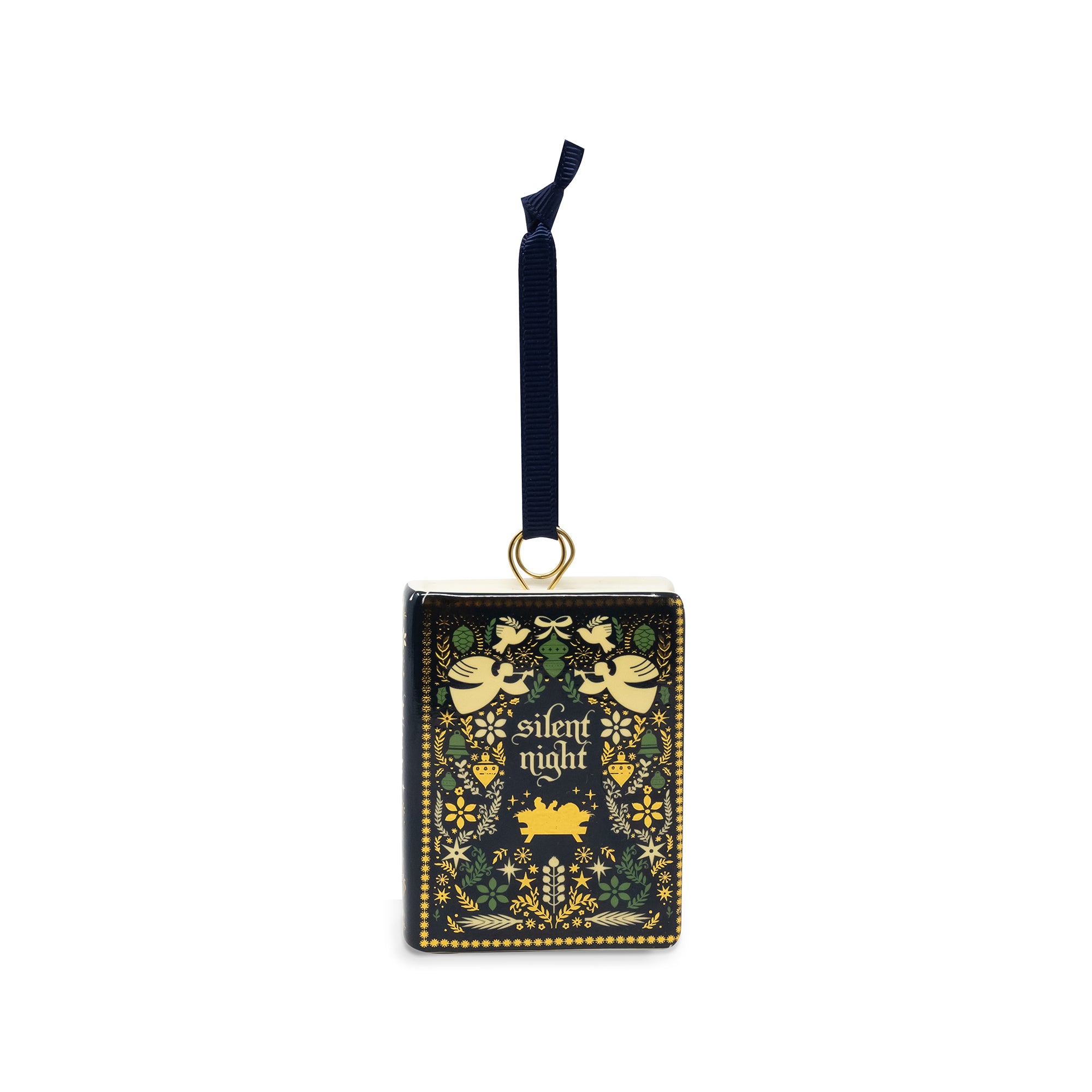 A decorative miniature book ornament featuring the title 'silent night' in gold lettering, surrounded by green and gold floral patterns on a black background, with a navy blue hanging ribbon and gold ring.