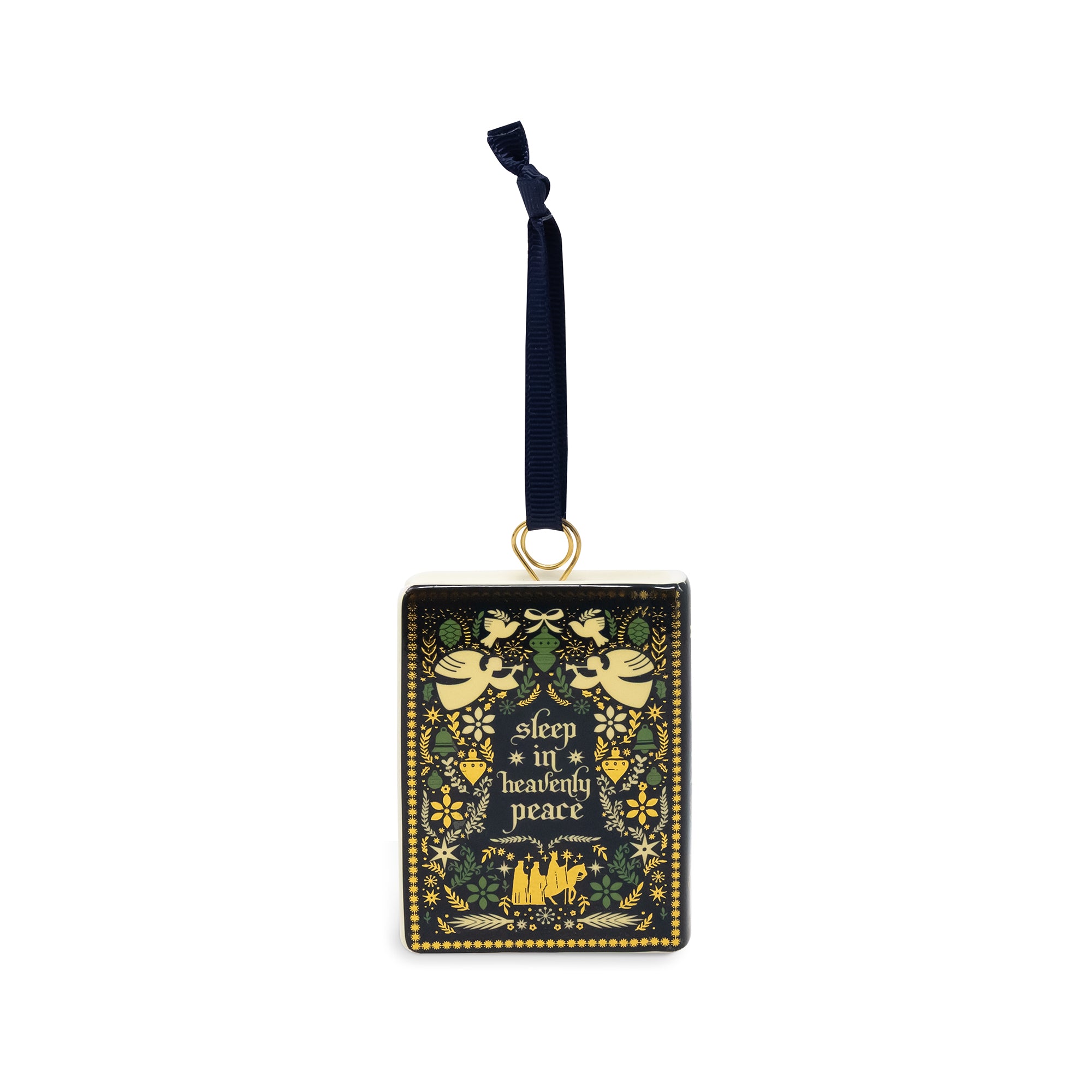 back view of A decorative book-shaped ornament featuring the title 'A Silent Night' in gold lettering, decorated with a dark navy blue and gold pattern of birds, stars, and musical notes. It has a hanging loop at the top and is shown on a plain white background.