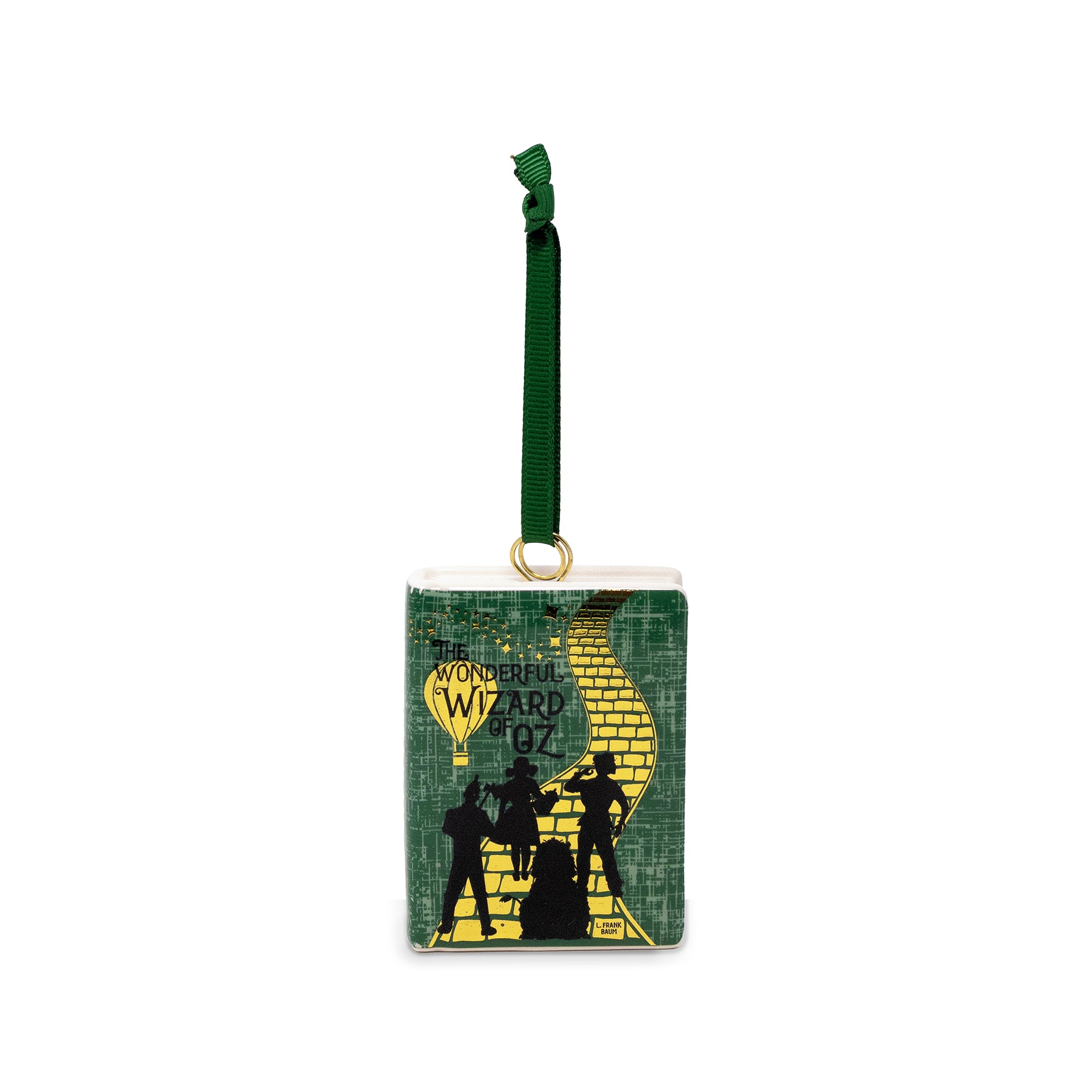 A square decorative ornament featuring the 'The Wizard of Oz' cover art in green and yellow, with a dark green hanging ribbon and gold loop at the top, shown on a plain white background.