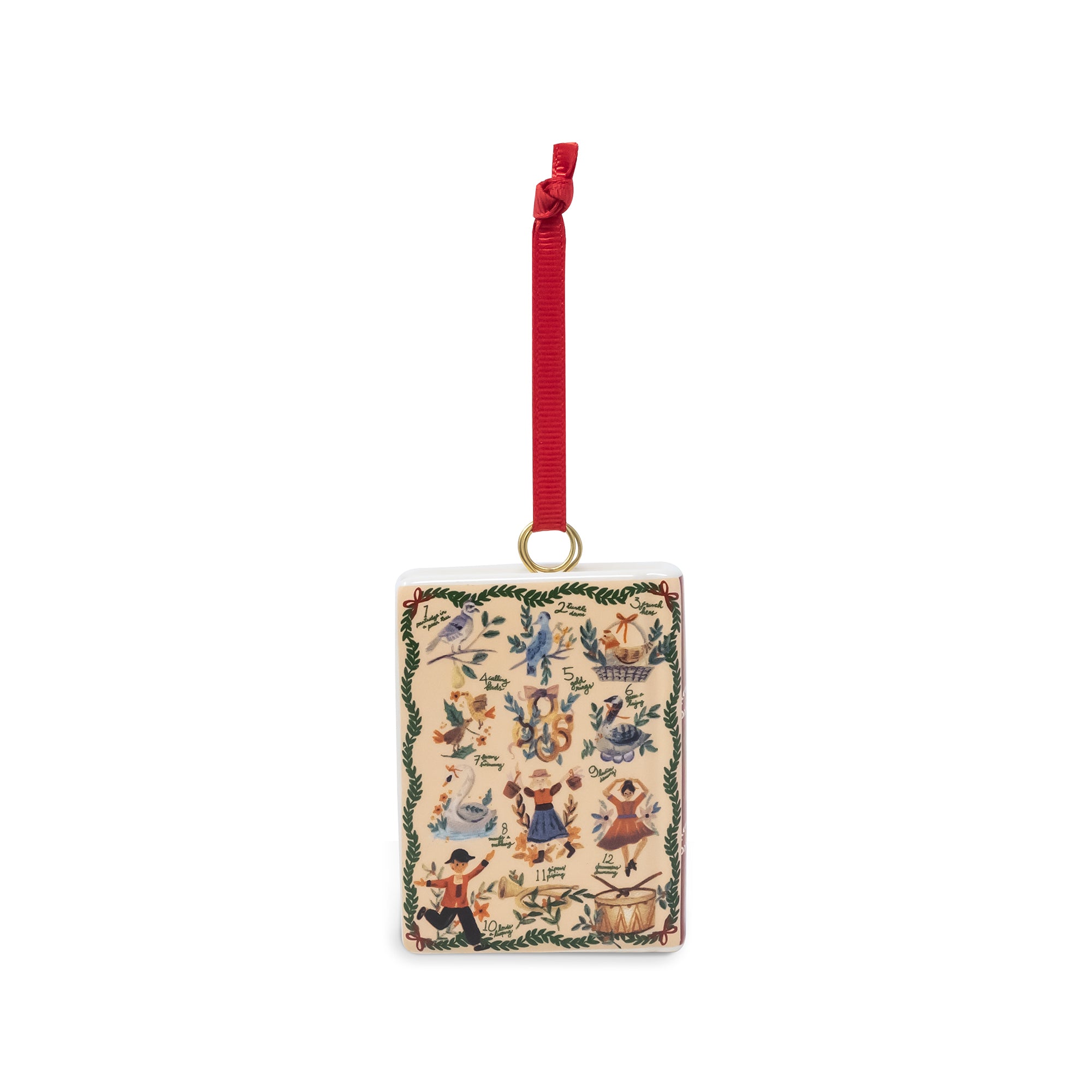 A rectangular hanging ornament with a red hanging ribbon and gold ring, featuring a vintage-style illustrated scene with figures, animals, and decorative border details on a cream background.