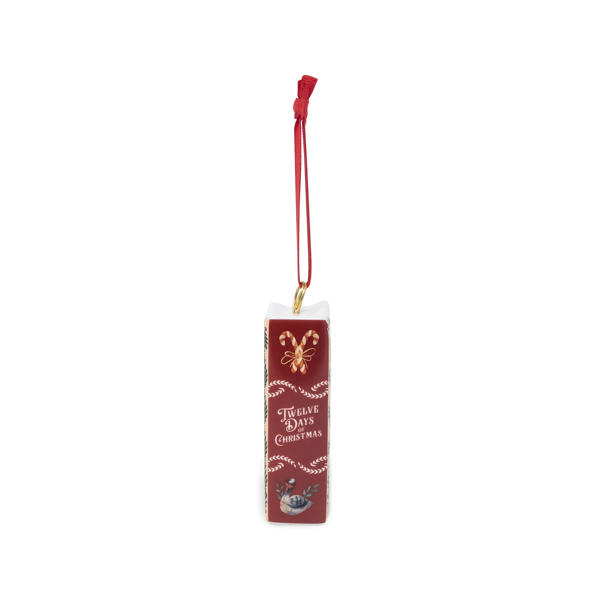 A rectangular Christmas ornament in deep red with white decorative text reading 'Five Lucky Days Christmas' and a gold hanging loop at the top, shown on a plain white background.