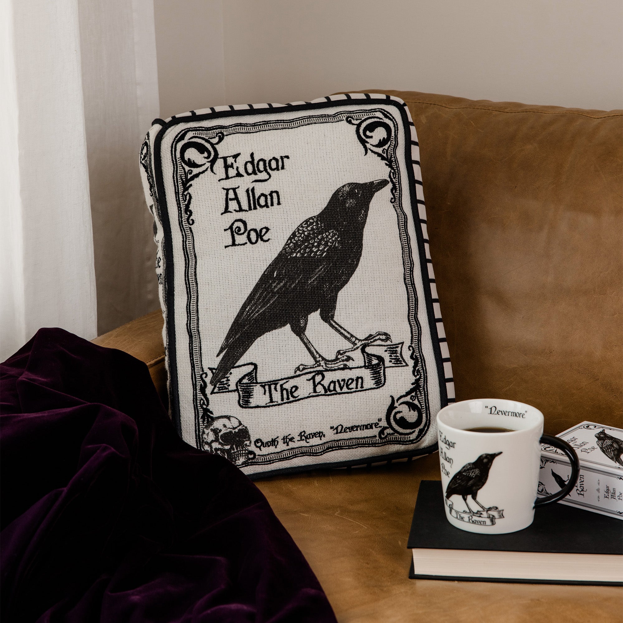 white Edgar Allan Poe the raven rectangular throw pillow