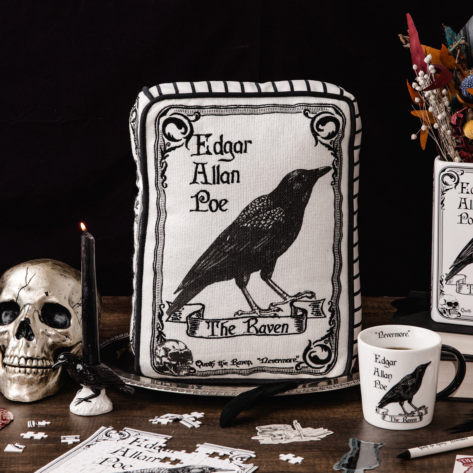 white Edgar Allan Poe the raven rectangular throw pillow