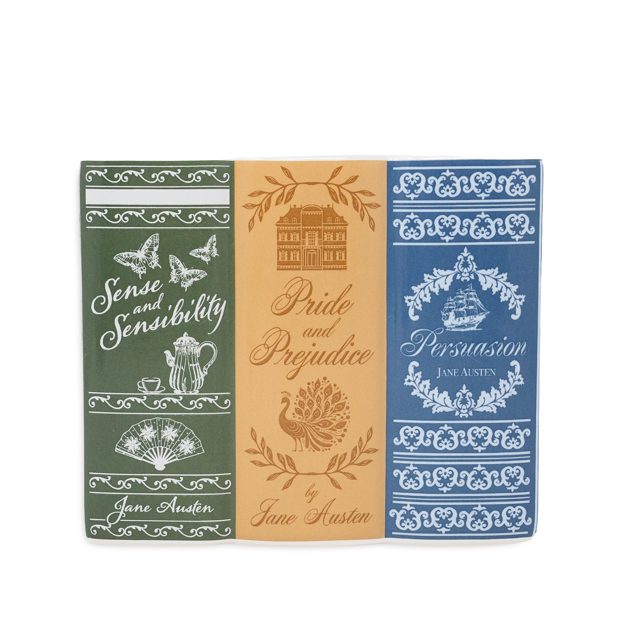 Three decorative book-themed pencil cup featuring Jane Austen titles: 'Sense and Sensibility' in green, 'Pride and Prejudice' in tan, and 'Persuasion' in blue, each with ornate white detailing and the author name Jane Austen at the bottom.