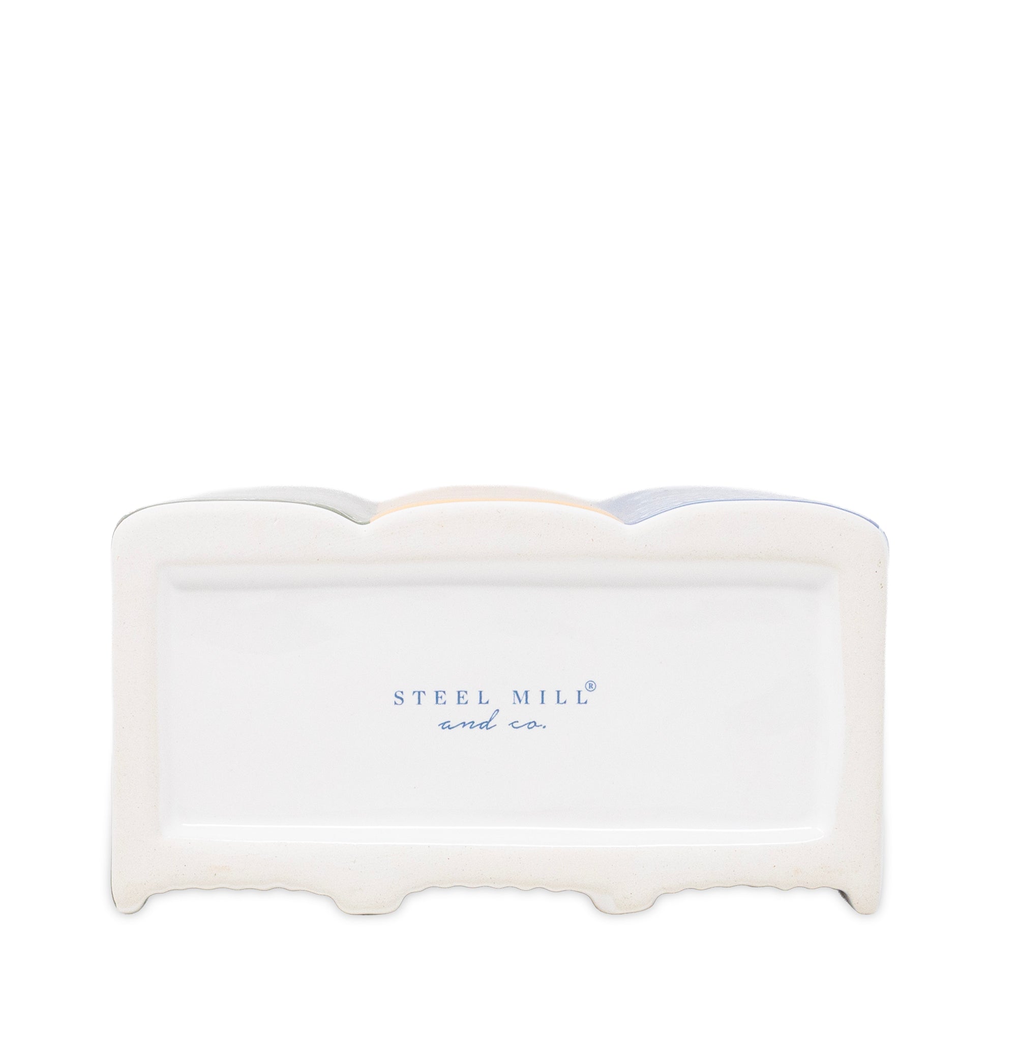 A white ceramic rectangular dish with scalloped edges and the brand name 'STEEL MILL and co.' printed in blue in the center, shown on a plain white background.