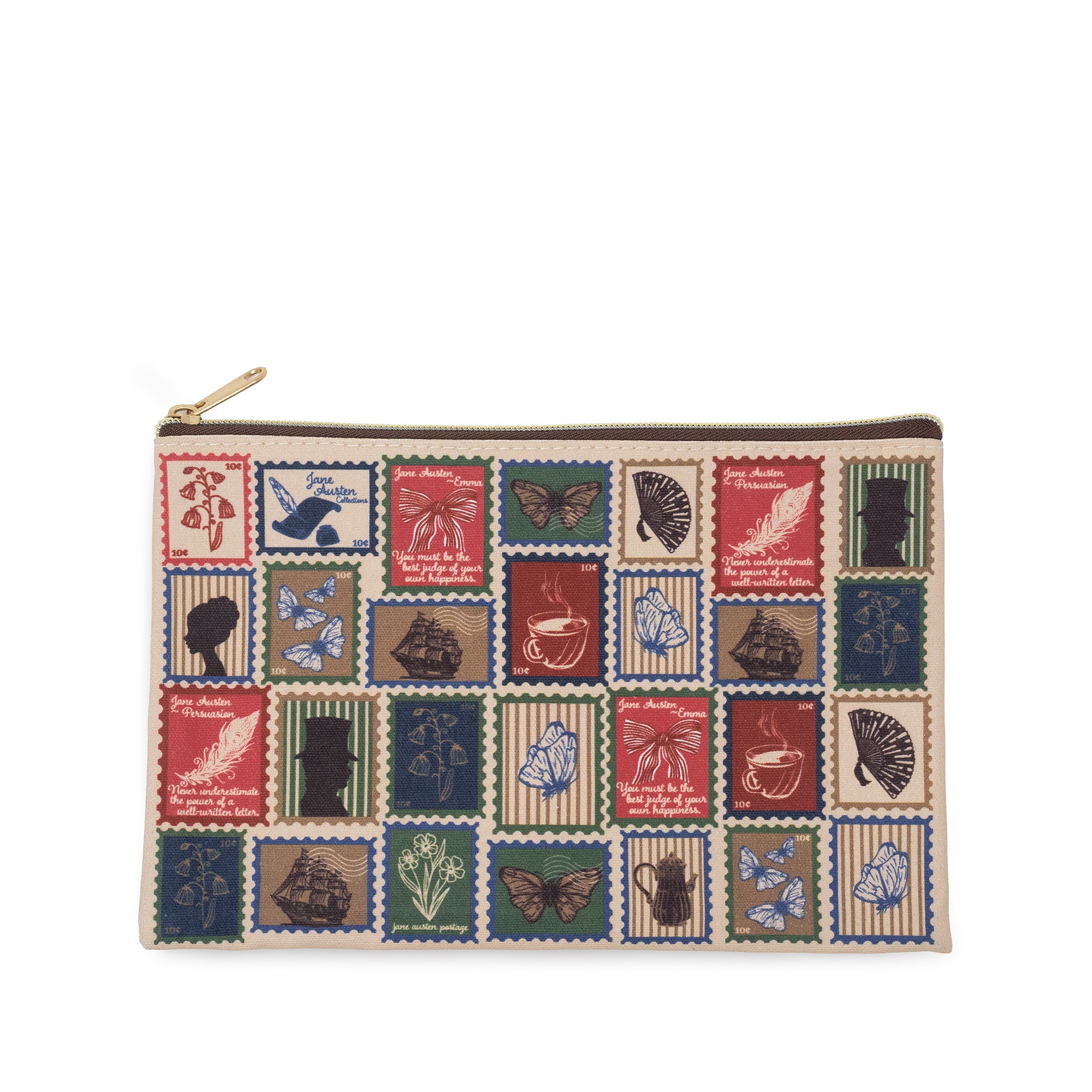 A zippered pouch featuring a vintage postage stamp patchwork design with illustrations of birds, butterflies, teacups, and books on a white background.