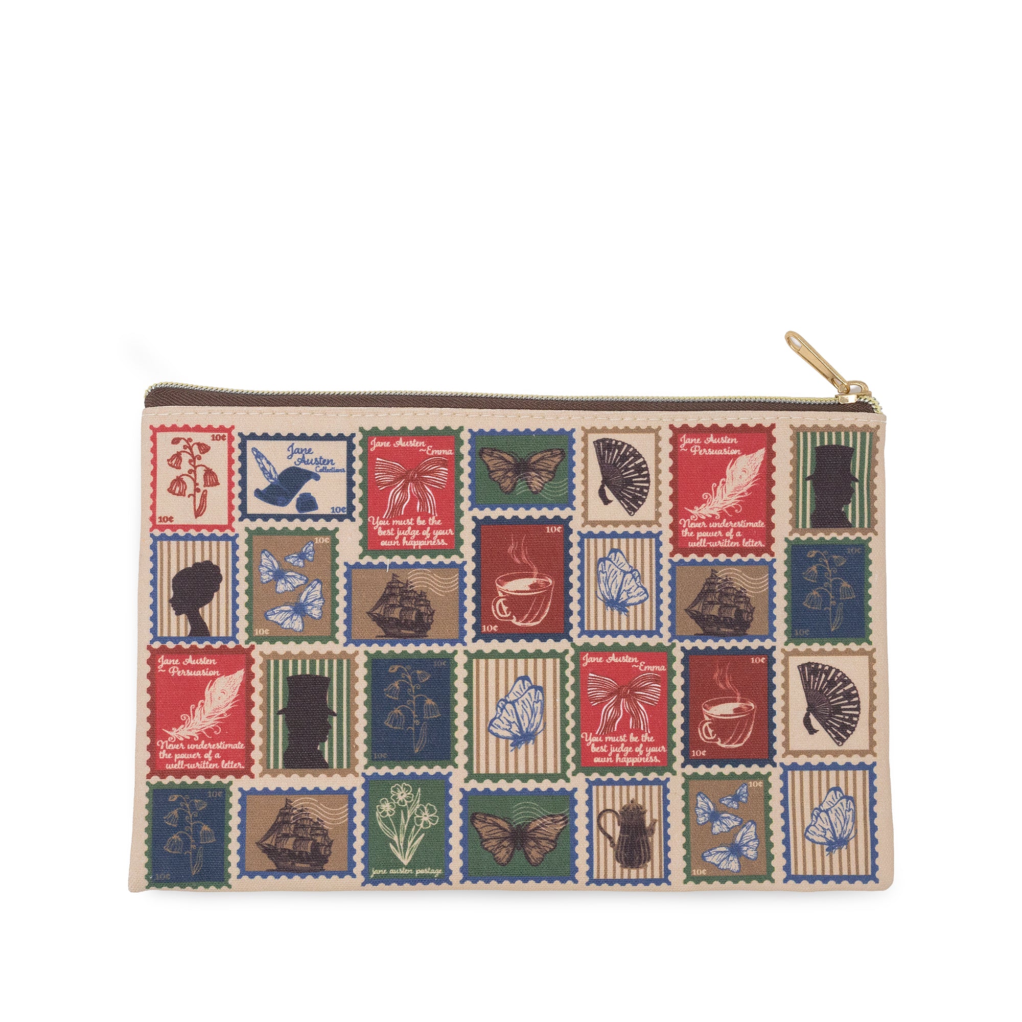 A rectangular zippered pouch with a vintage postage stamp patchwork pattern in muted red, blue, green, and beige tones, featuring illustrations of butterflies, teacups, books, and feathers, shown on a plain white background.