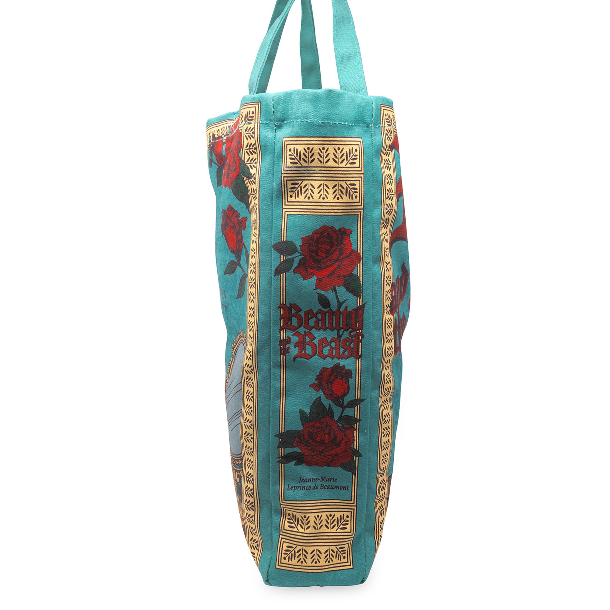Tote bag designed like a book cover with roses and decorative text on a white background