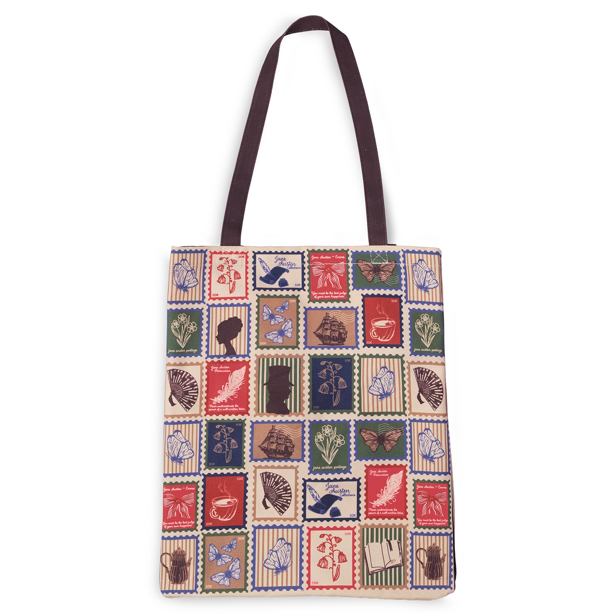 A canvas tote bag with dark brown shoulder straps, featuring a colorful patchwork print of vintage postage stamp designs on a white background.