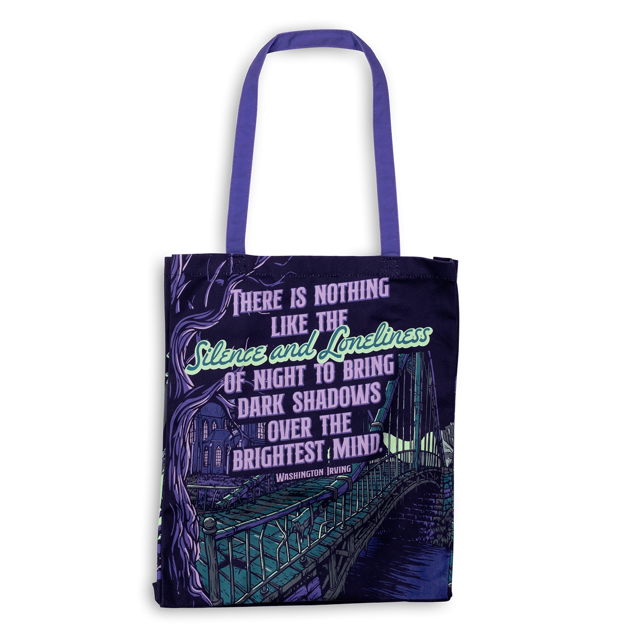 A purple tote bag featuring a dark illustration of a bridge over water and a prominent quote printed in white and green text, shown against a plain white background.