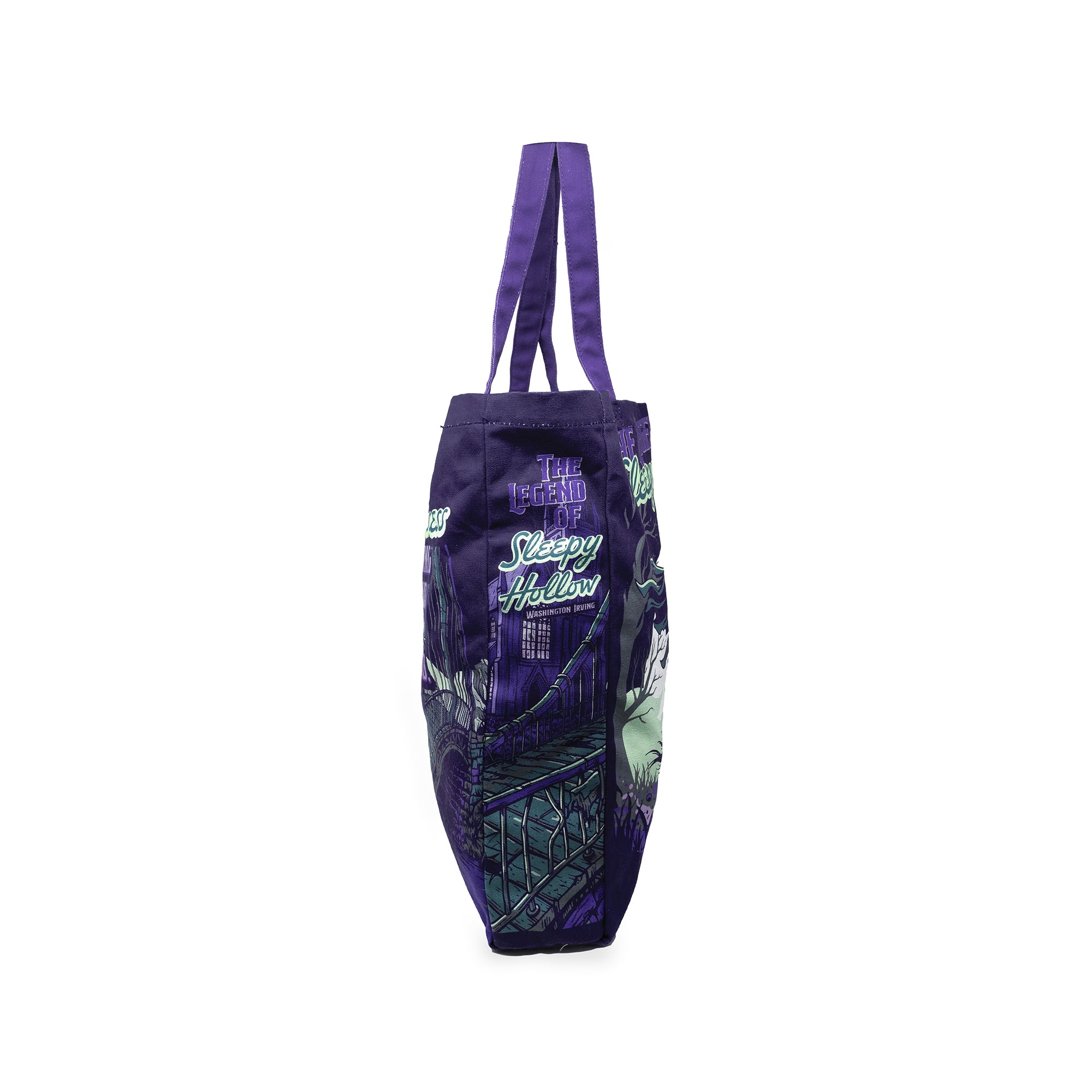 A purple canvas tote bag featuring Sleepy Hollow graphics
