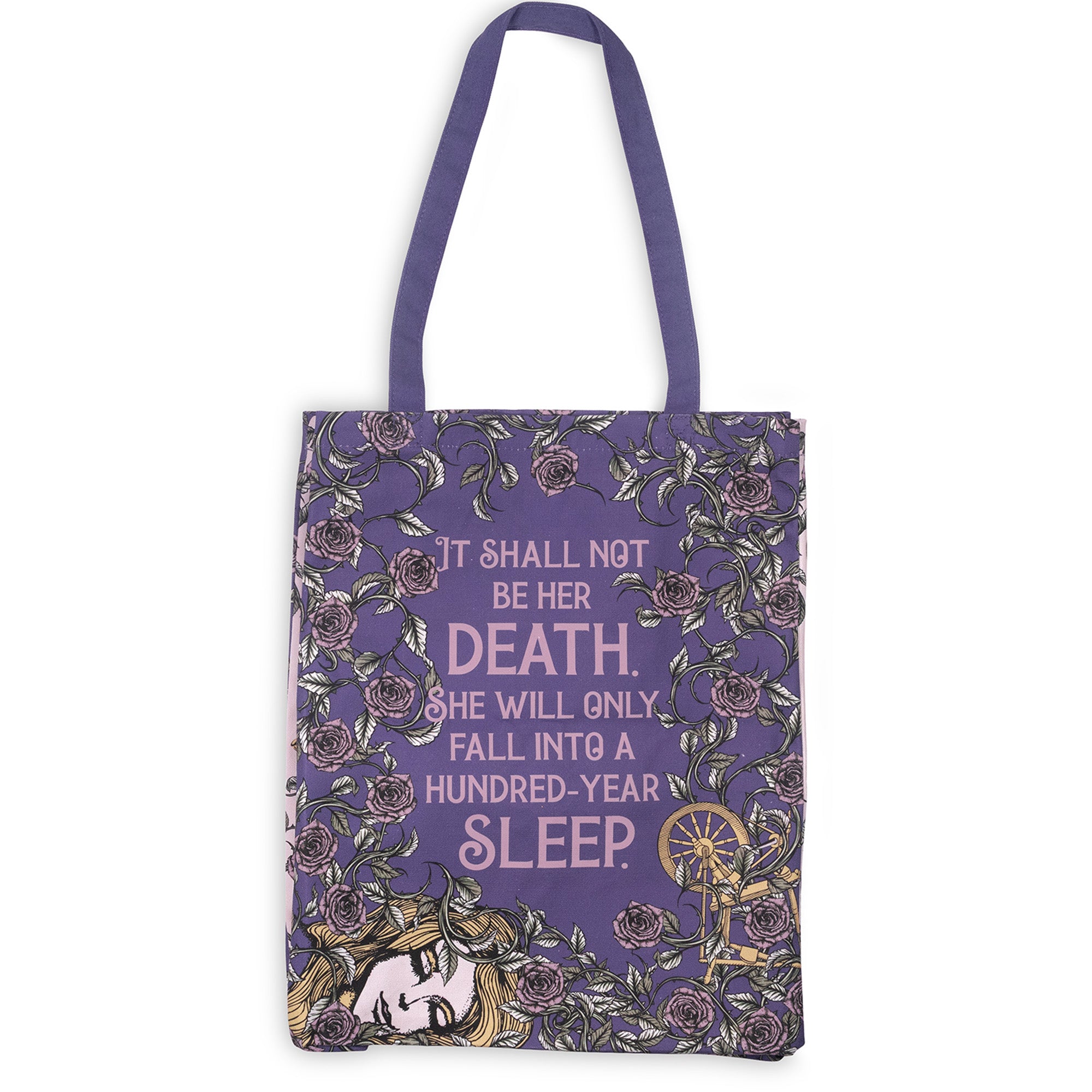 Tote bag with purple floral design and text on a white background