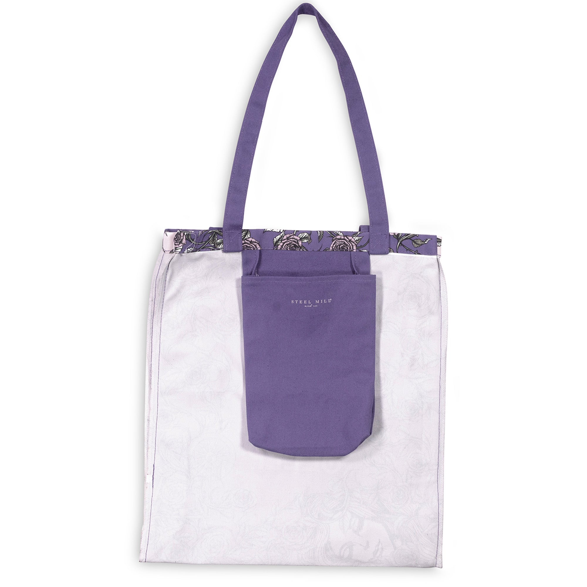 Purple tote bag with a pocket on a white background