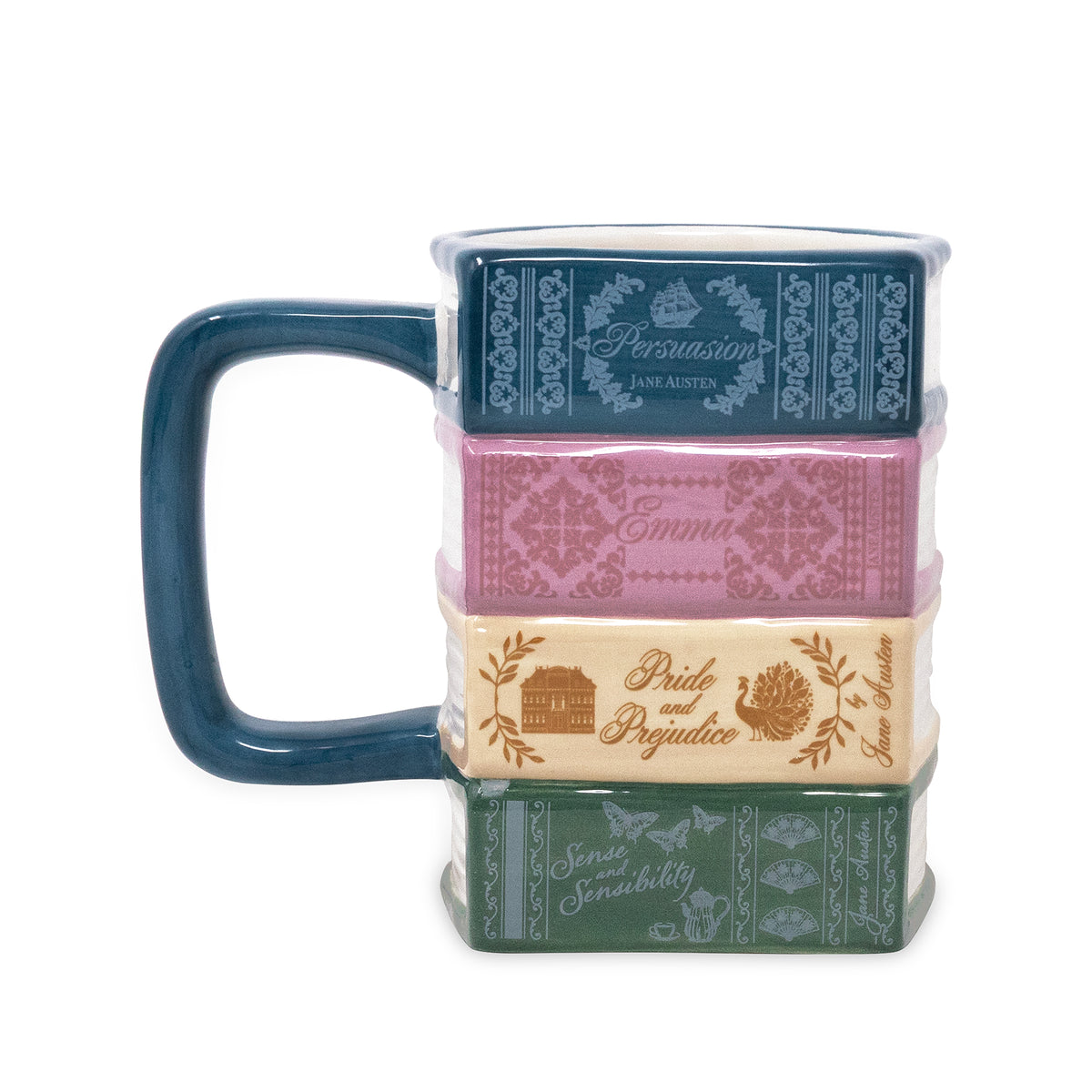 A square ceramic mug with a dark blue handle, stacked with four patterned book covers in blue, pink, cream, and green, on a white background.