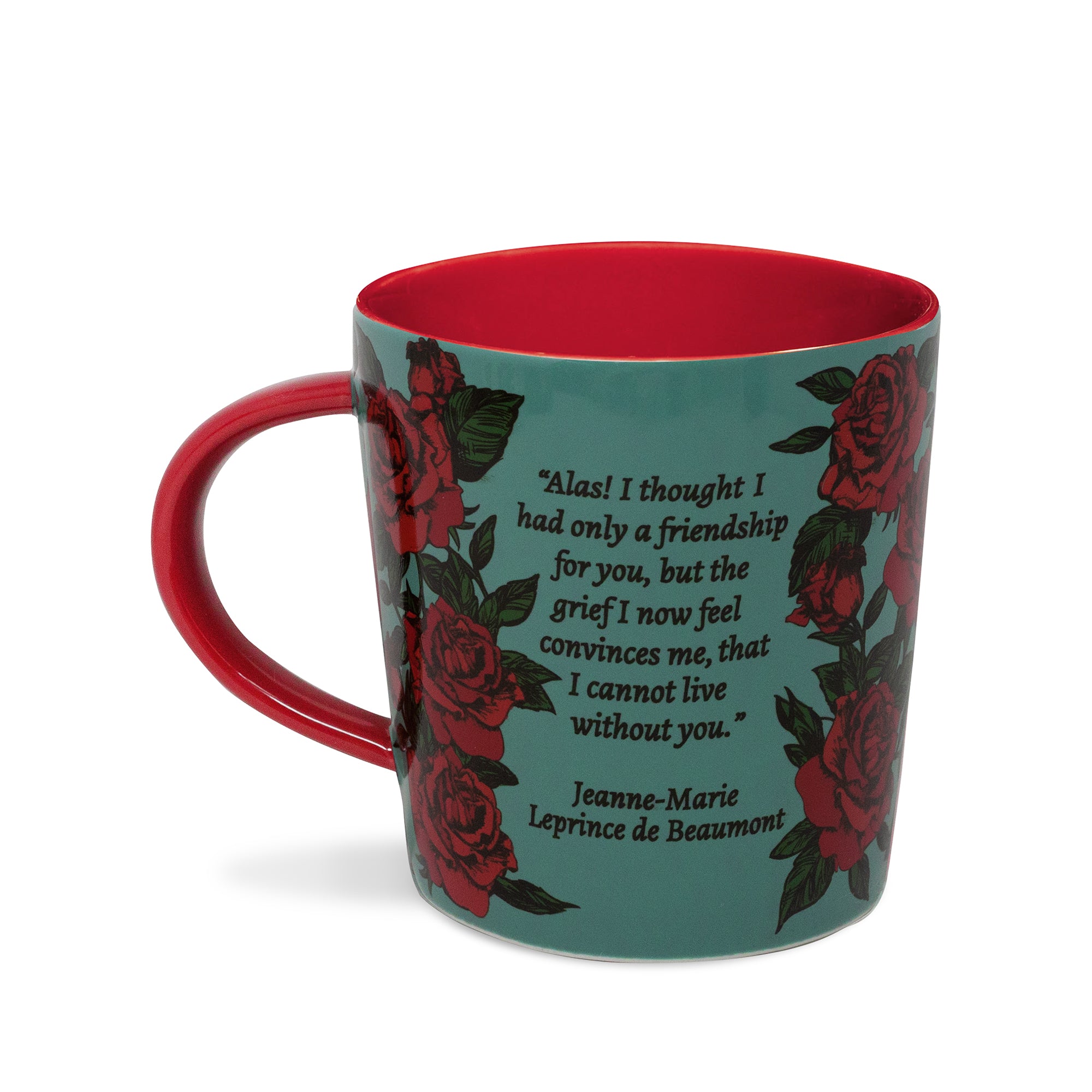 Mug with red interior, floral design, and text on a white background