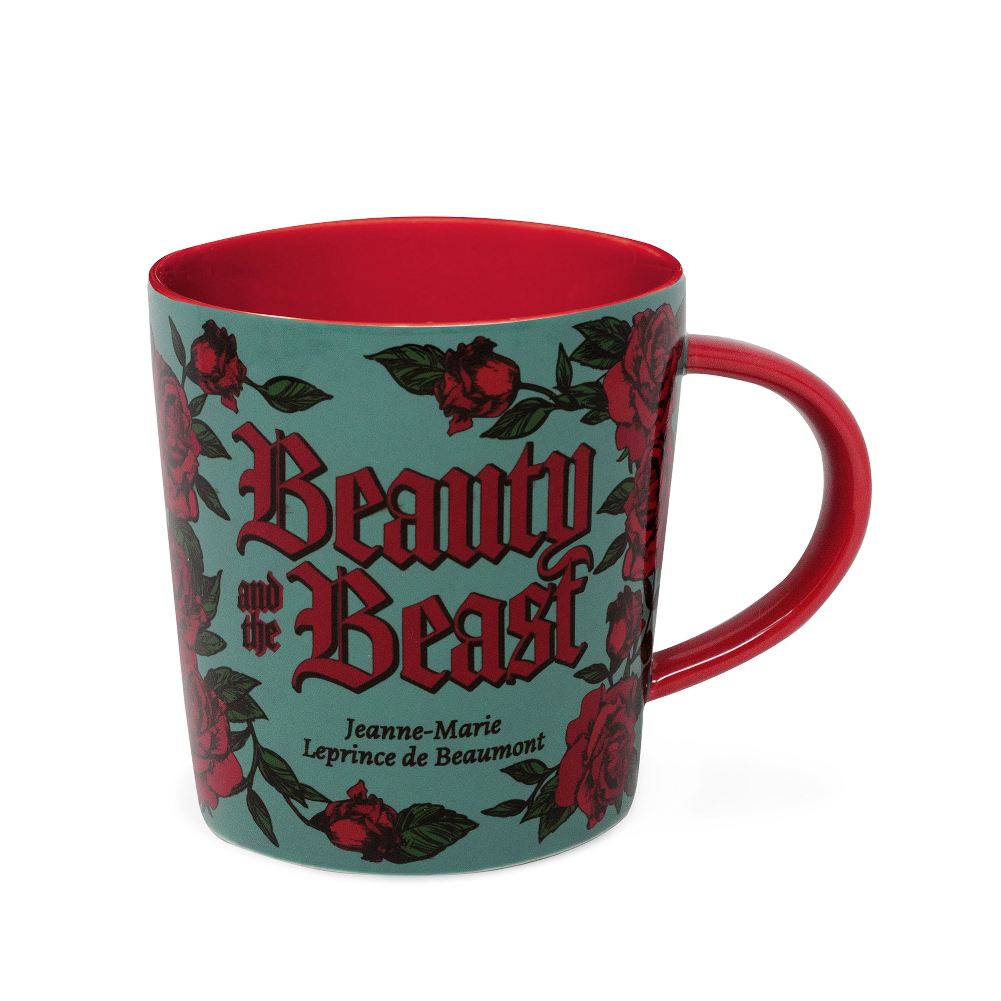 Mug with 'Beauty and the Beast' design and red interior on a white background