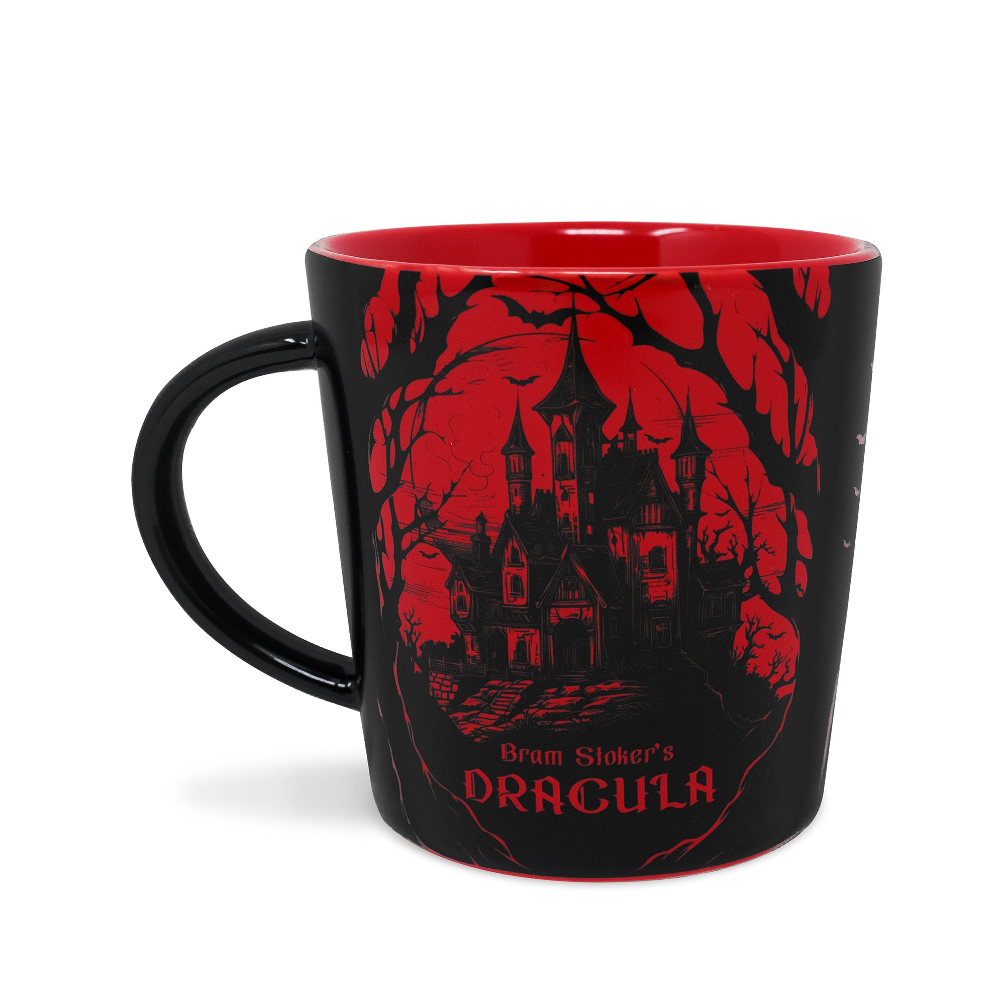 Black mug with red 'Dracula' design featuring a castle, on a white background