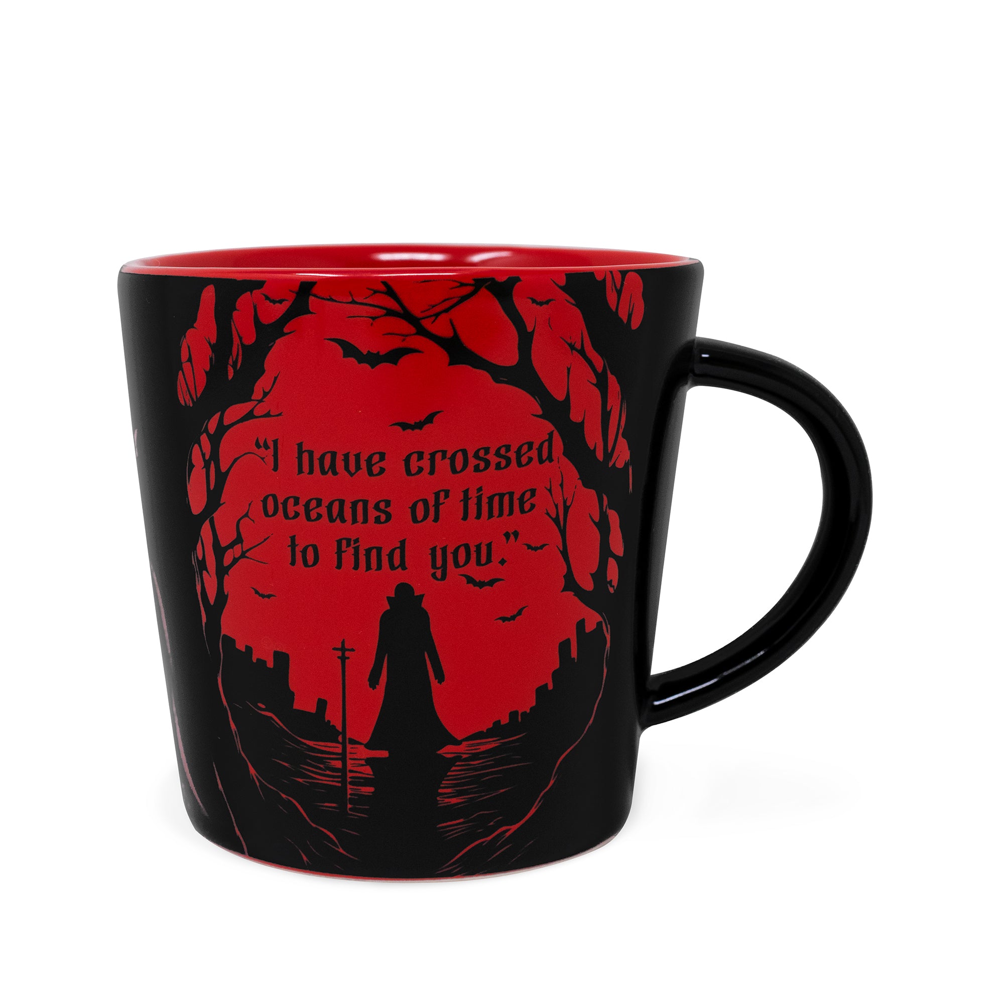 Black mug with red interior and design featuring text and silhouette