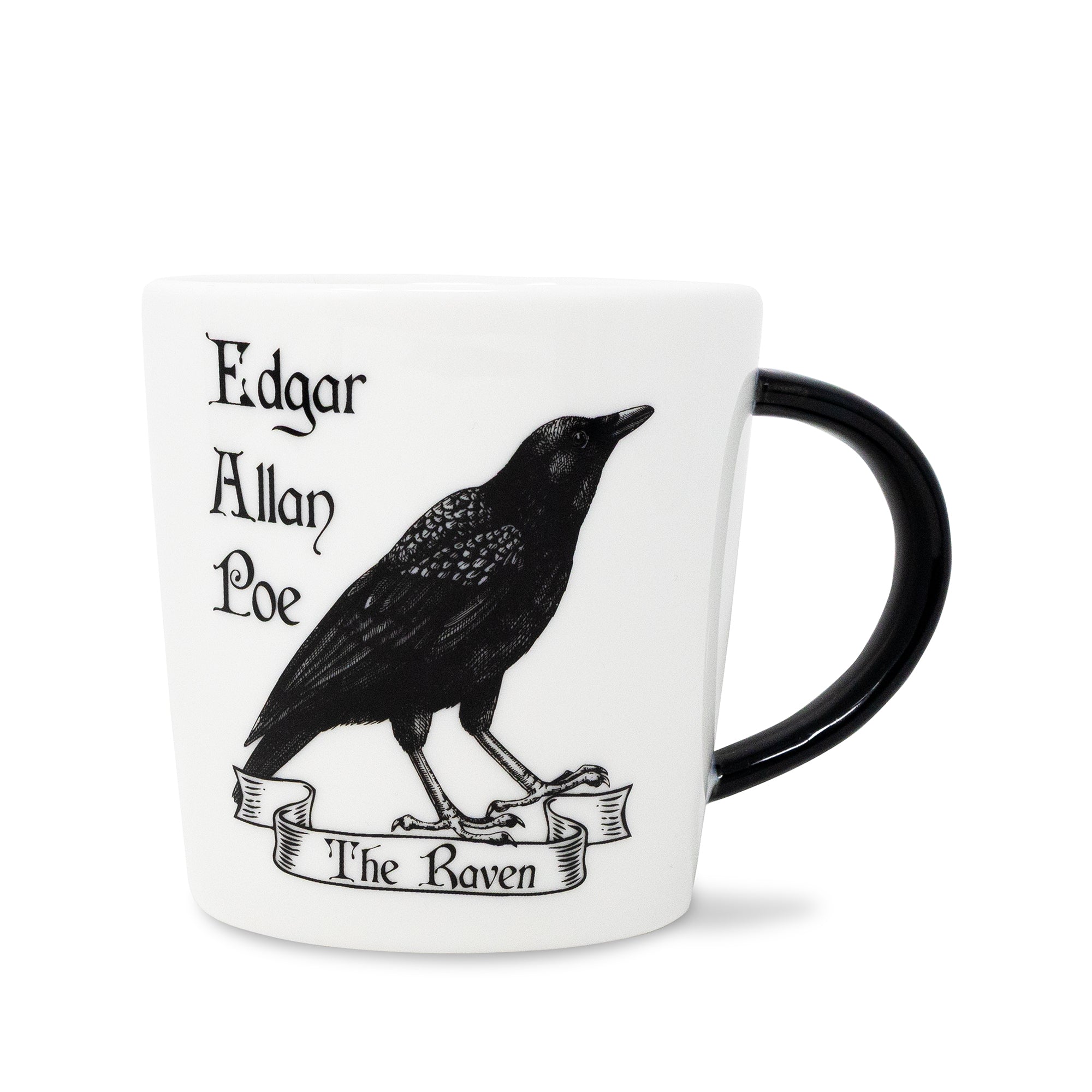 A white ceramic mug with a black handle, featuring a black illustration of a raven and the text 'Edgar Allan Poe' and 'The Raven' printed on the side.