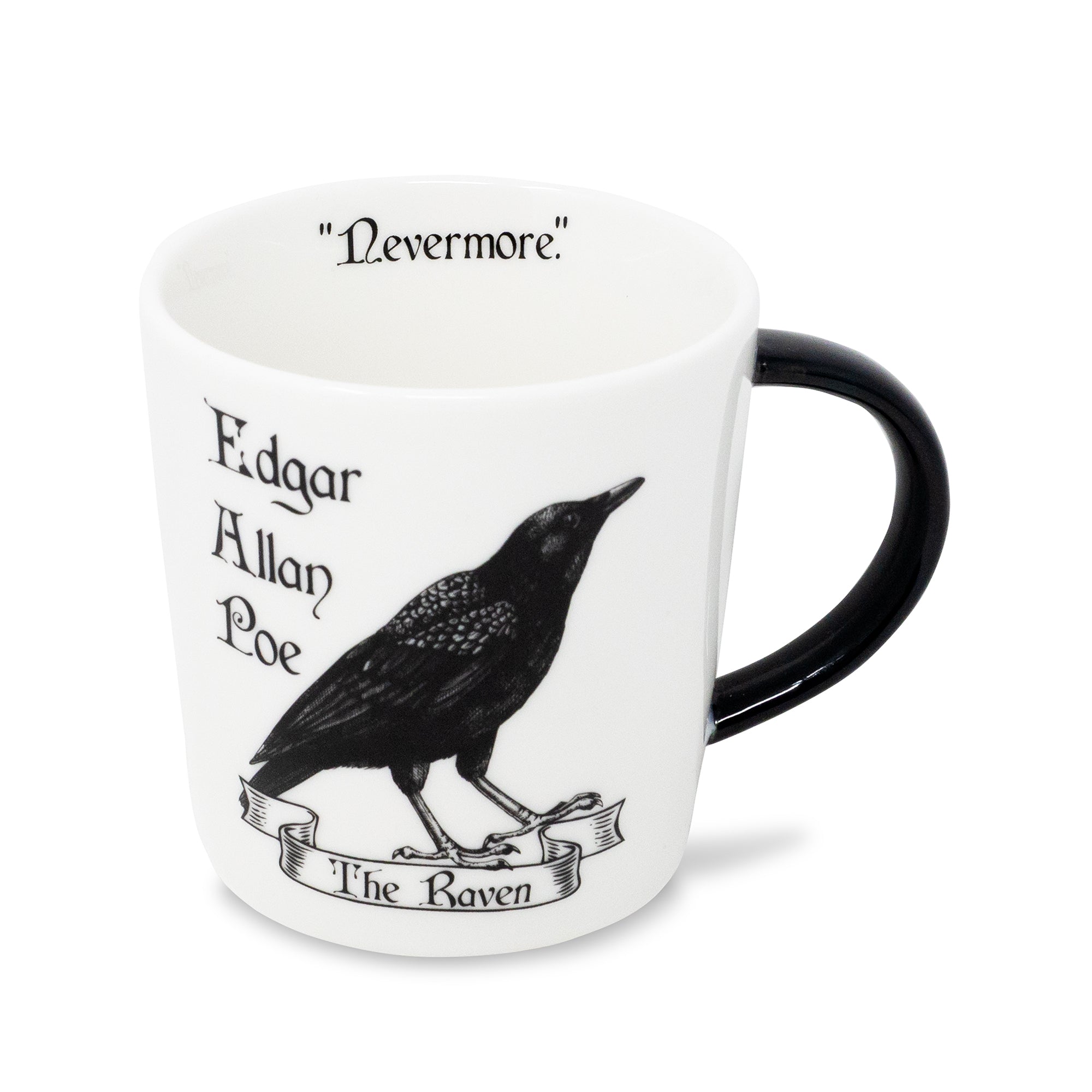 A white ceramic mug with a black handle, featuring a black illustration of a raven and the text 'Nevermore', 'Edgar Allan Poe', and 'The Raven' printed on it, set against a plain white background.