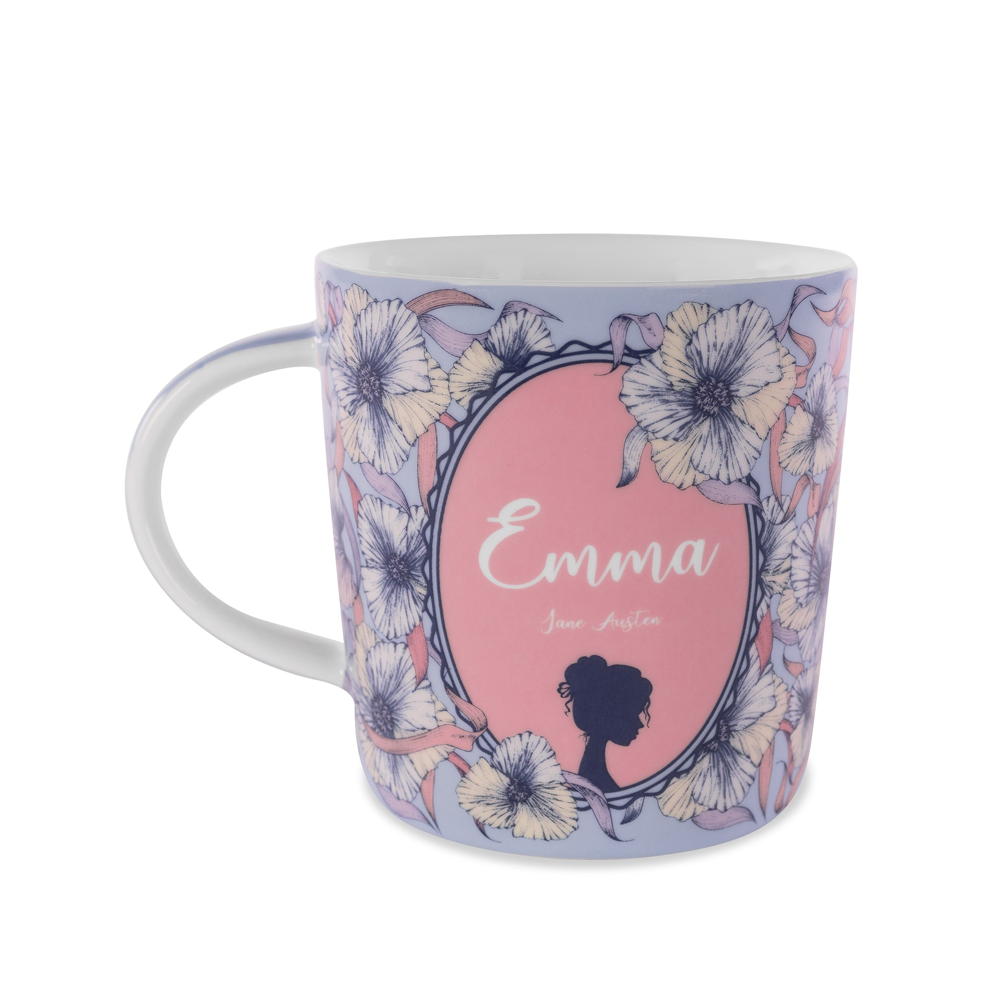 Mug with floral design and silhouette of a woman on a white background