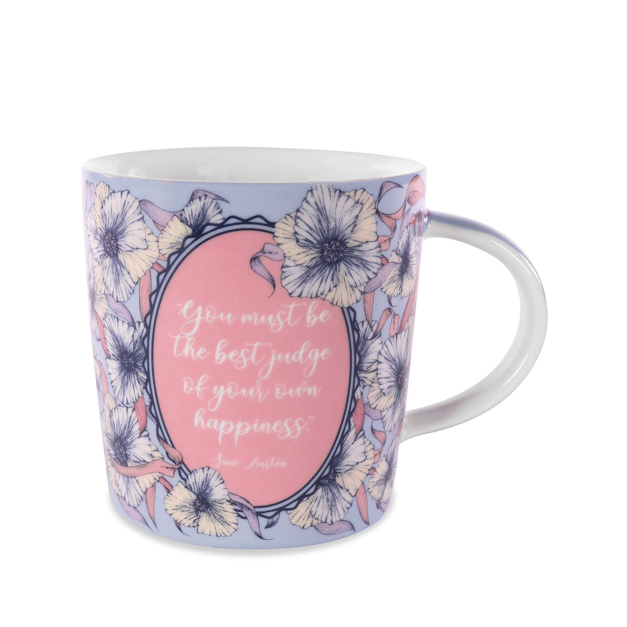 Mug with floral design and motivational quote on a white background