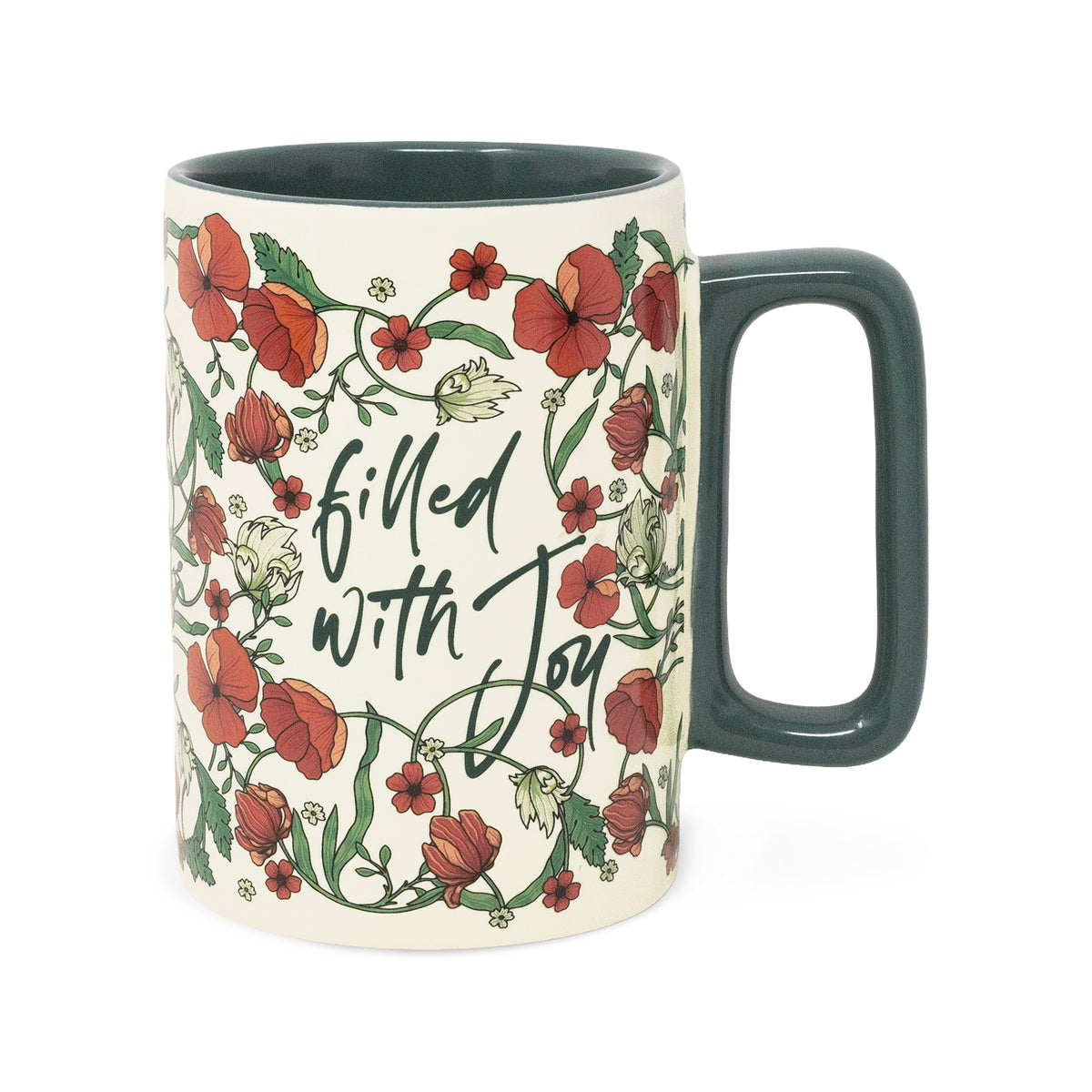 A ceramic mug with a cream-colored exterior decorated with red flowers and green leaves, featuring the phrase 'filled with Joy' in black script. The mug has a dark green interior and handle, shown against a plain white background.