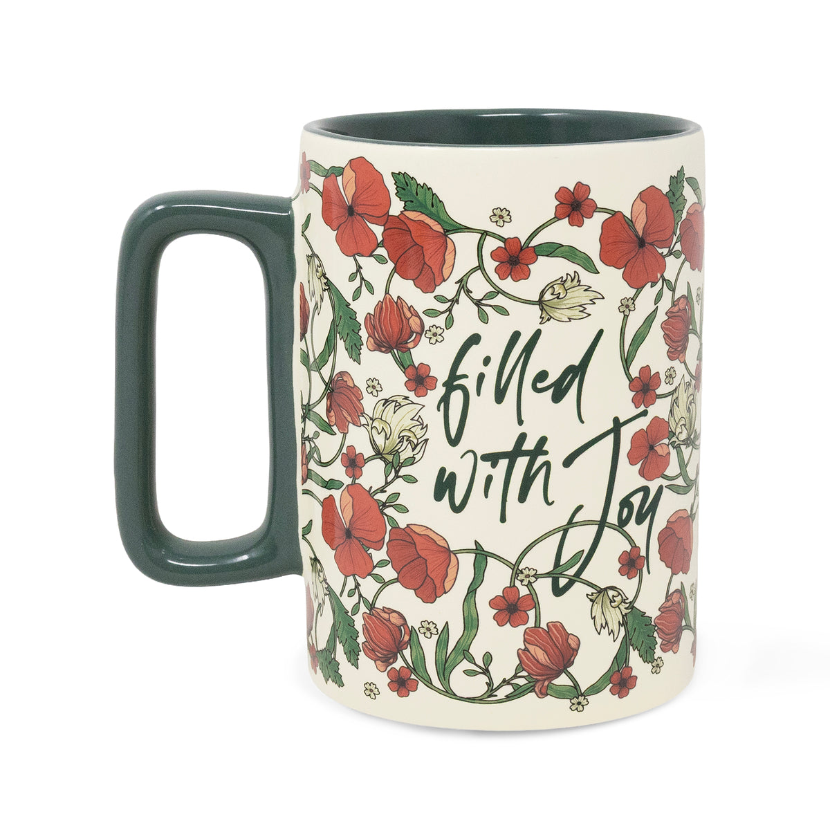 A ceramic mug with a dark green handle and interior, decorated with a cream-colored exterior featuring red poppy flowers, green leaves, and the phrase 'filled with Joy' in dark green script.