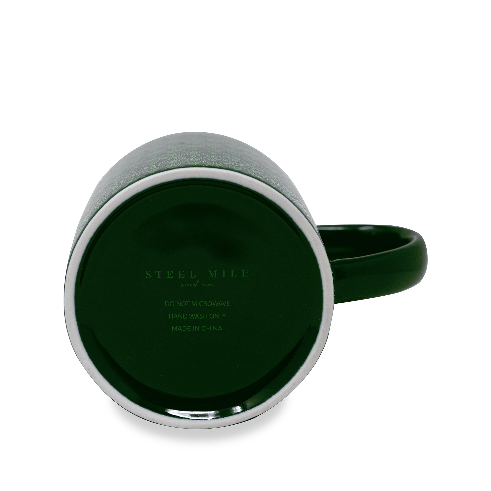 Green mug with 'Steel Mile' branding on a white background