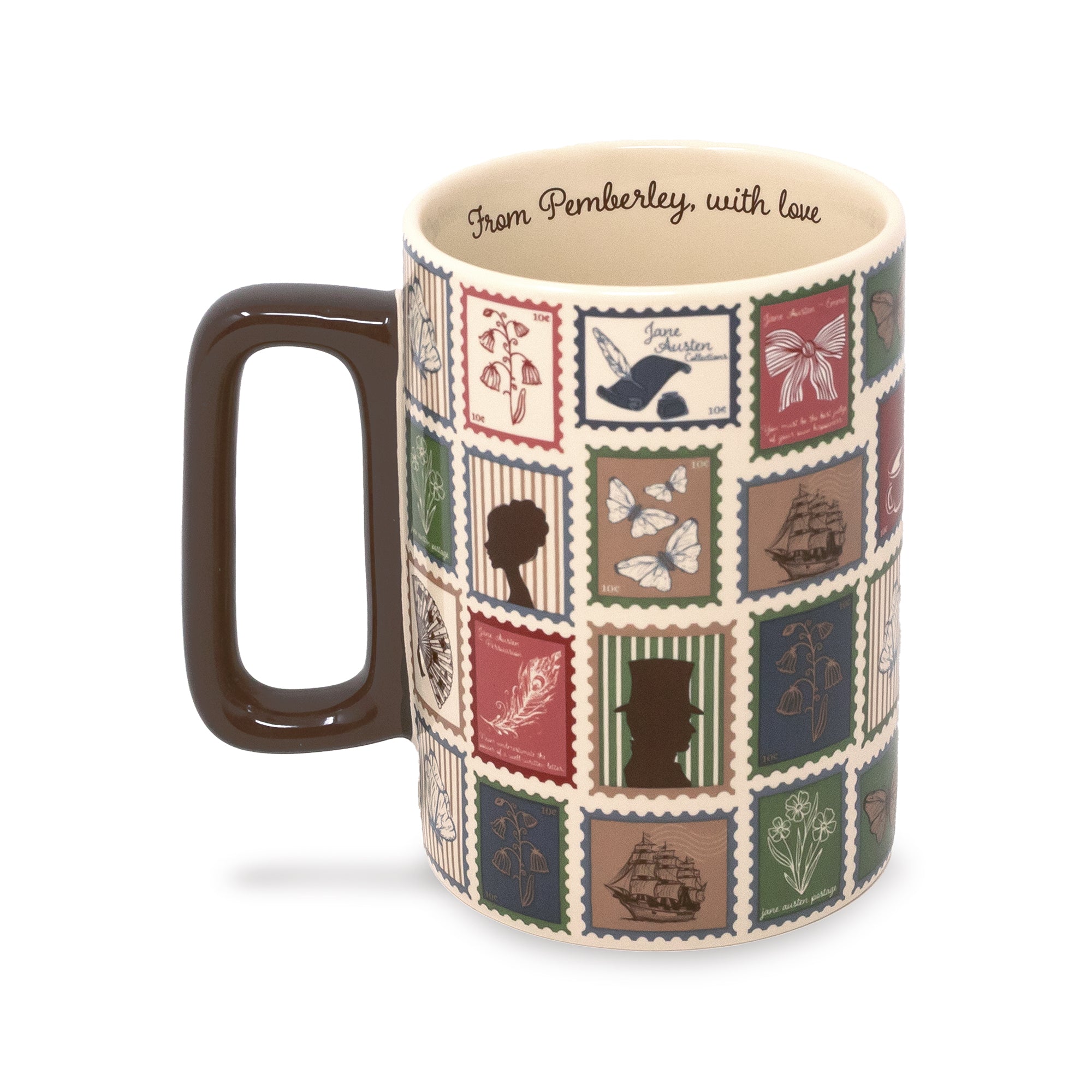A ceramic mug with a dark brown handle and interior, decorated with a patchwork of vintage postage stamp designs featuring nautical and botanical motifs. The inside rim is printed with the text 'From Pembroley, with love'.