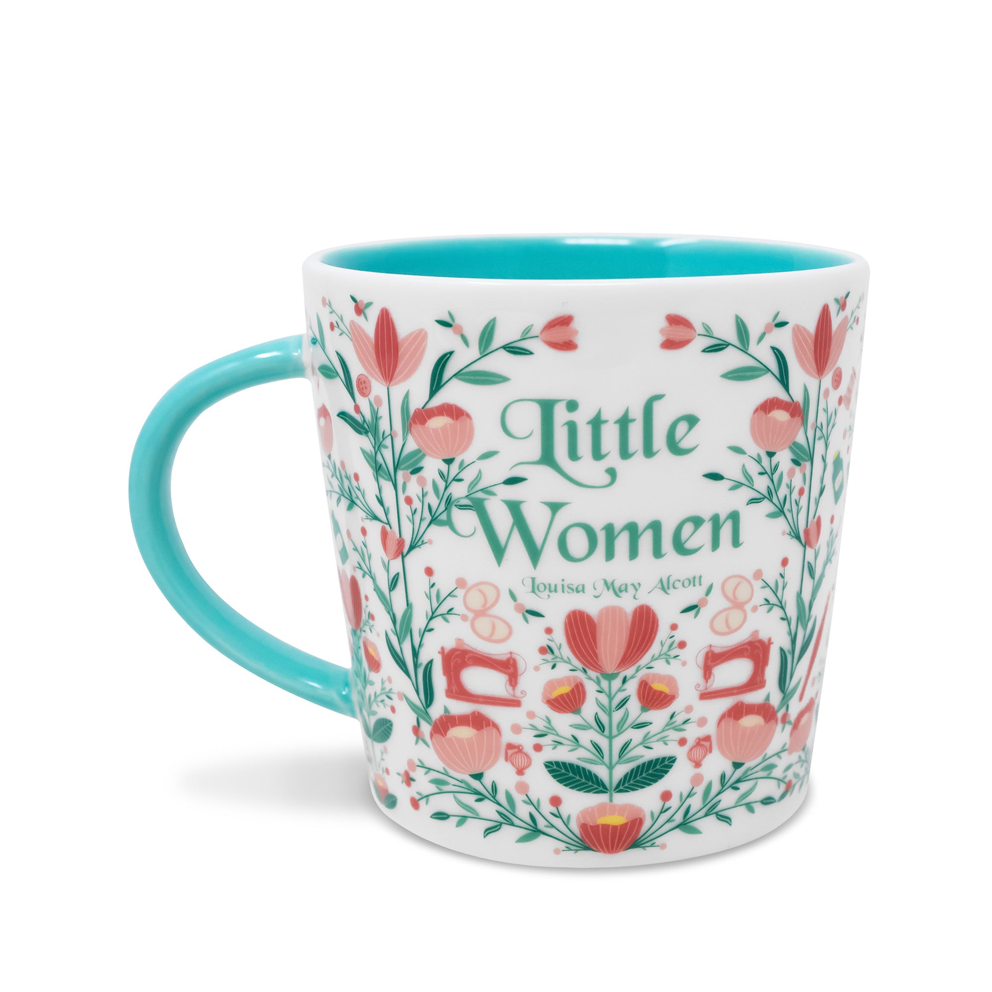 Mug with 'Little Women' design and floral patterns on a white background
