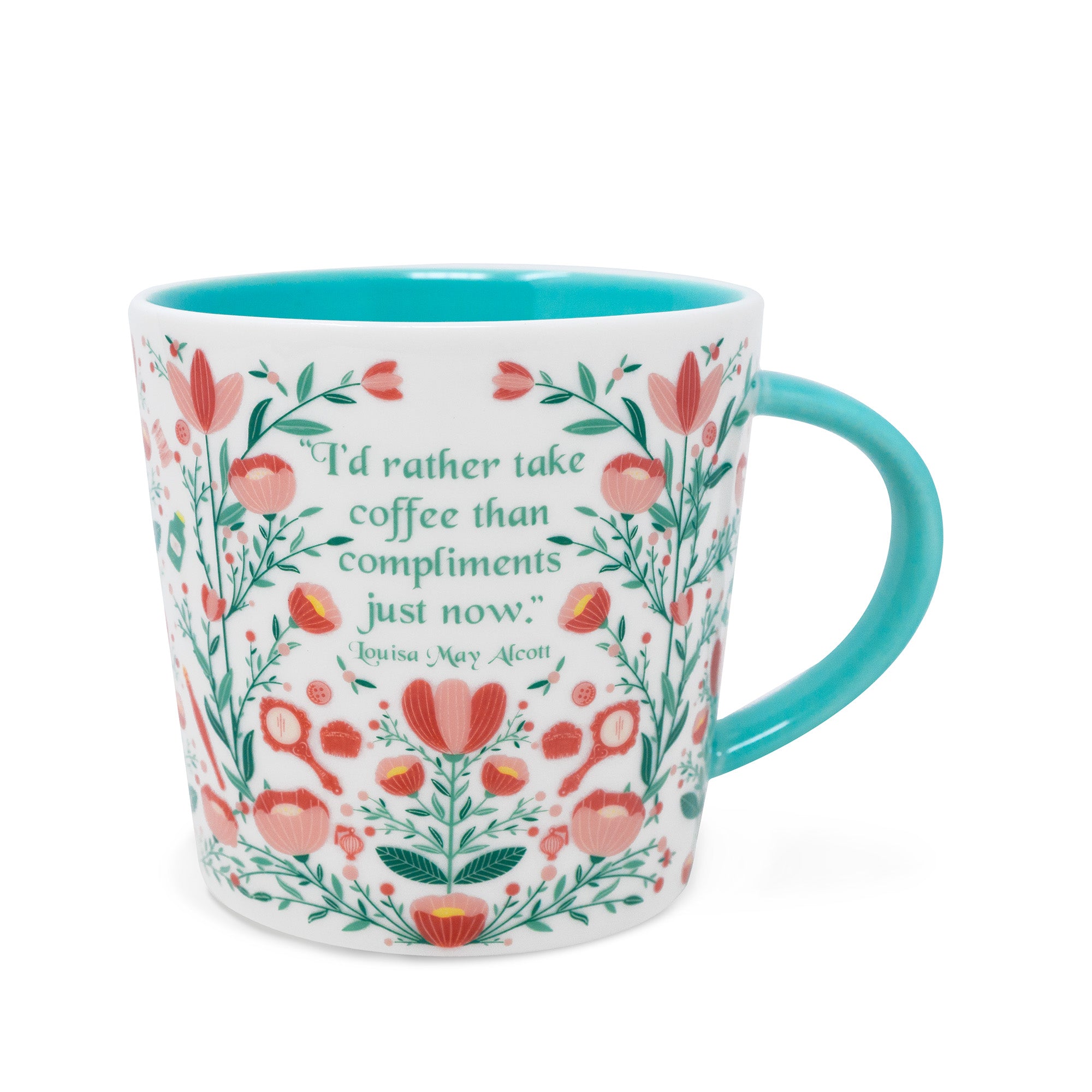 Mug with floral design and quote on a white background