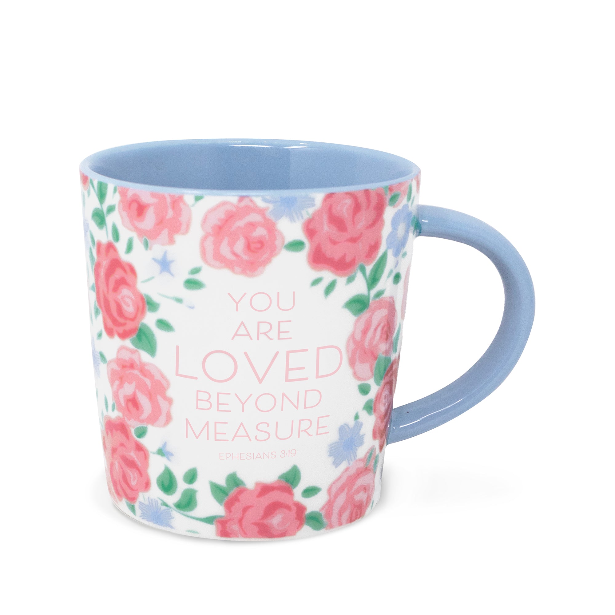 Mug with floral design and text 'You are loved beyond measure' on a white background
