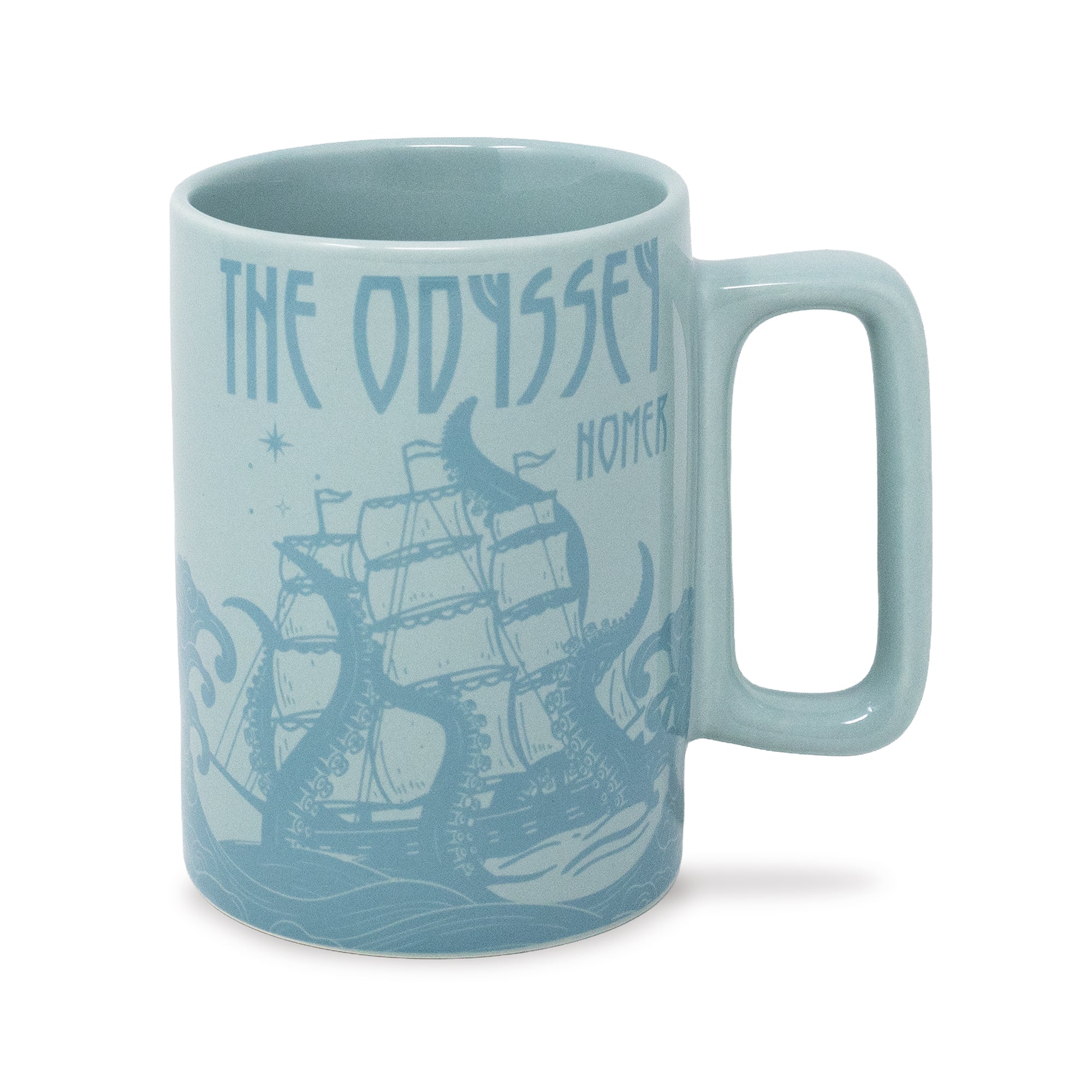 Light blue mug with 'The Odyssey' design featuring a ship and octopus on a white background