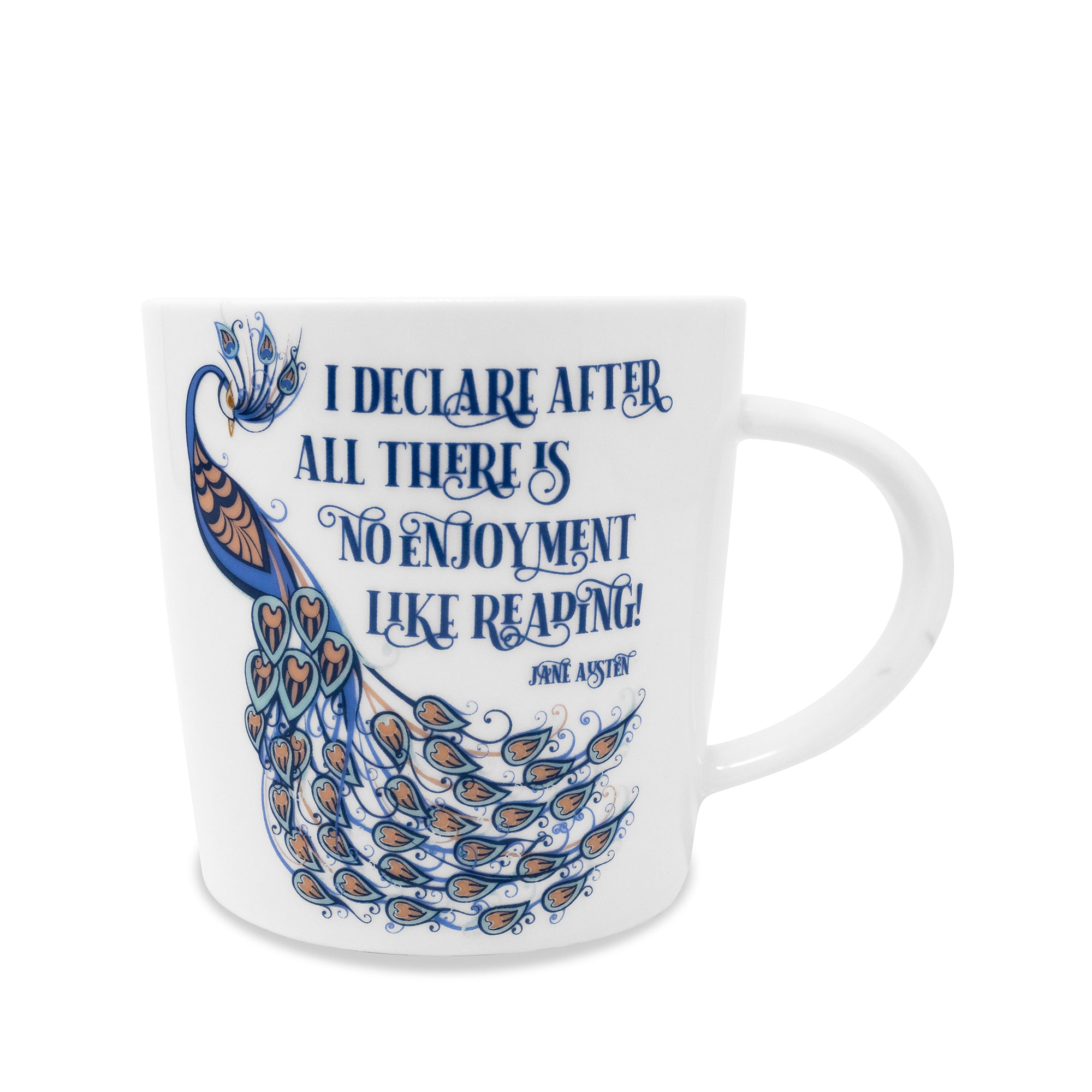 Mug with peacock design and Jane Austen quote on a white background
