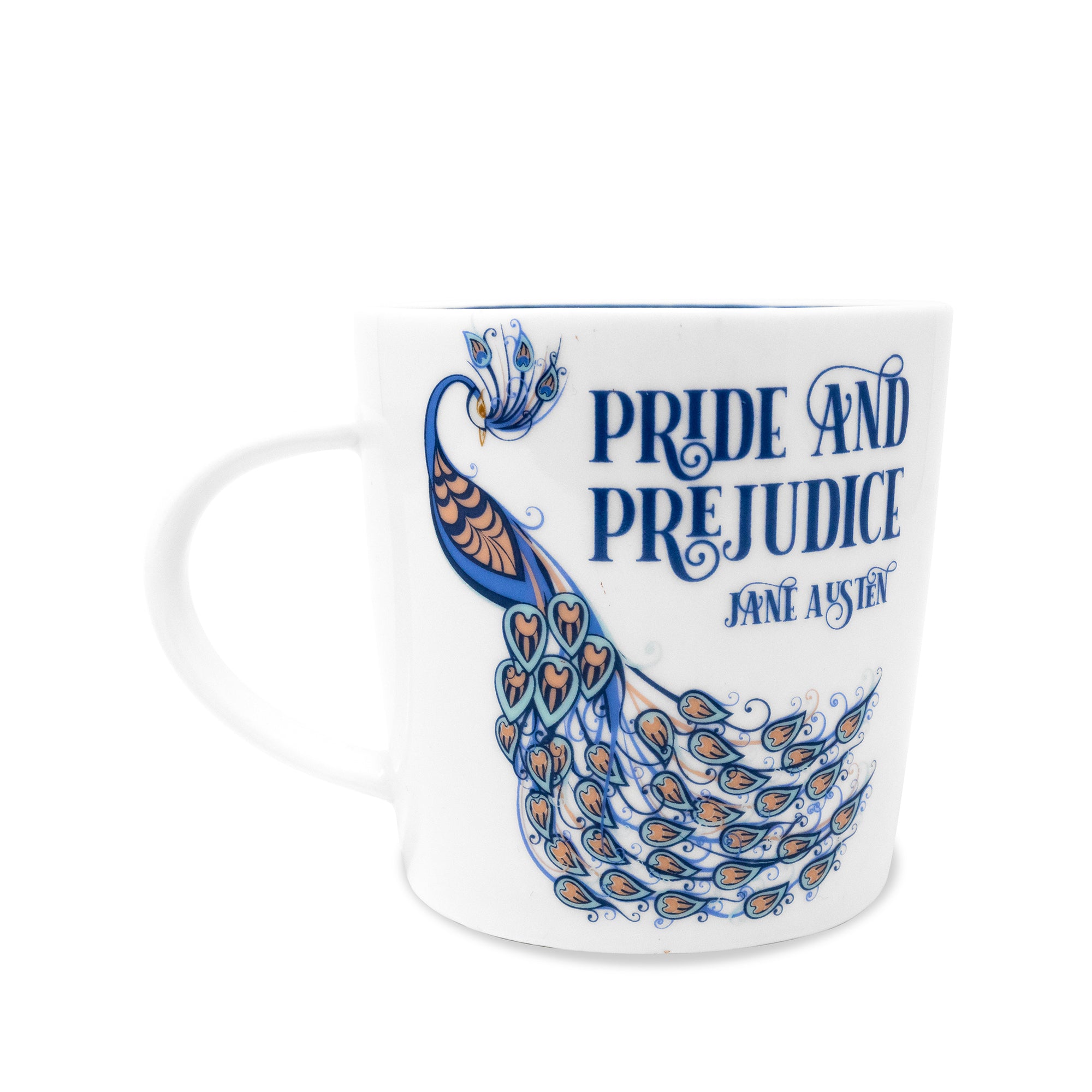 Mug with peacock design and 'Pride and Prejudice' text on a white background