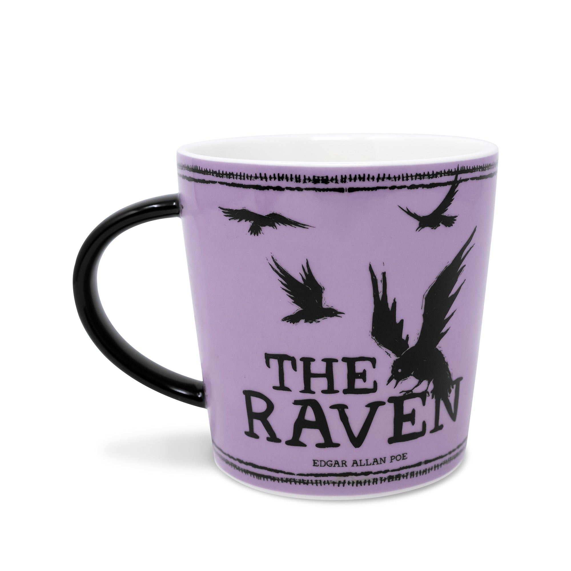 Mug with 'The Raven' design featuring black ravens on a purple background
