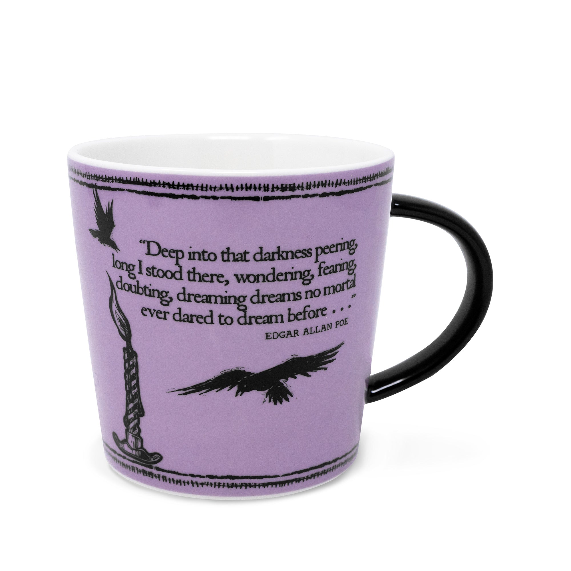 Mug with Edgar Allan Poe quote and crows on a purple background