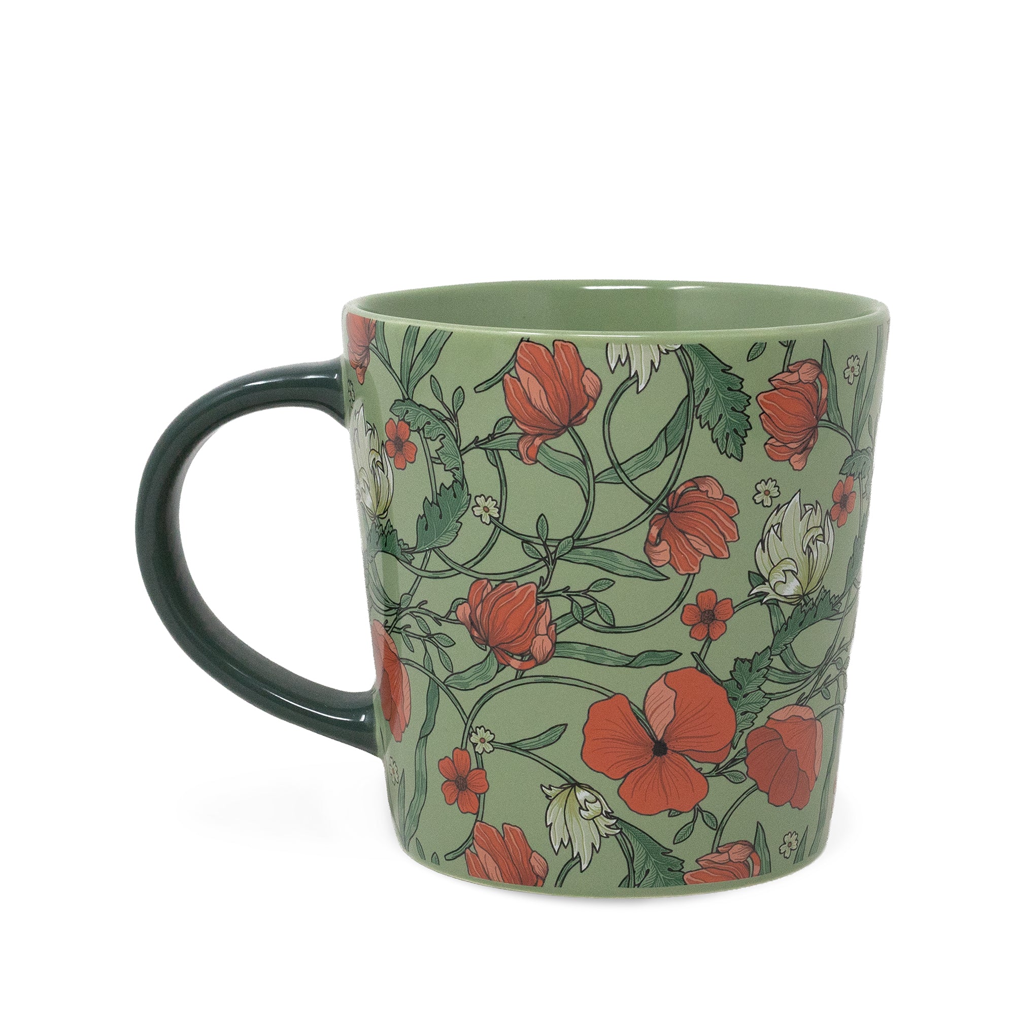 A ceramic mug featuring a light green background decorated with a red poppy and white flower pattern, complete with a dark green handle and interior.