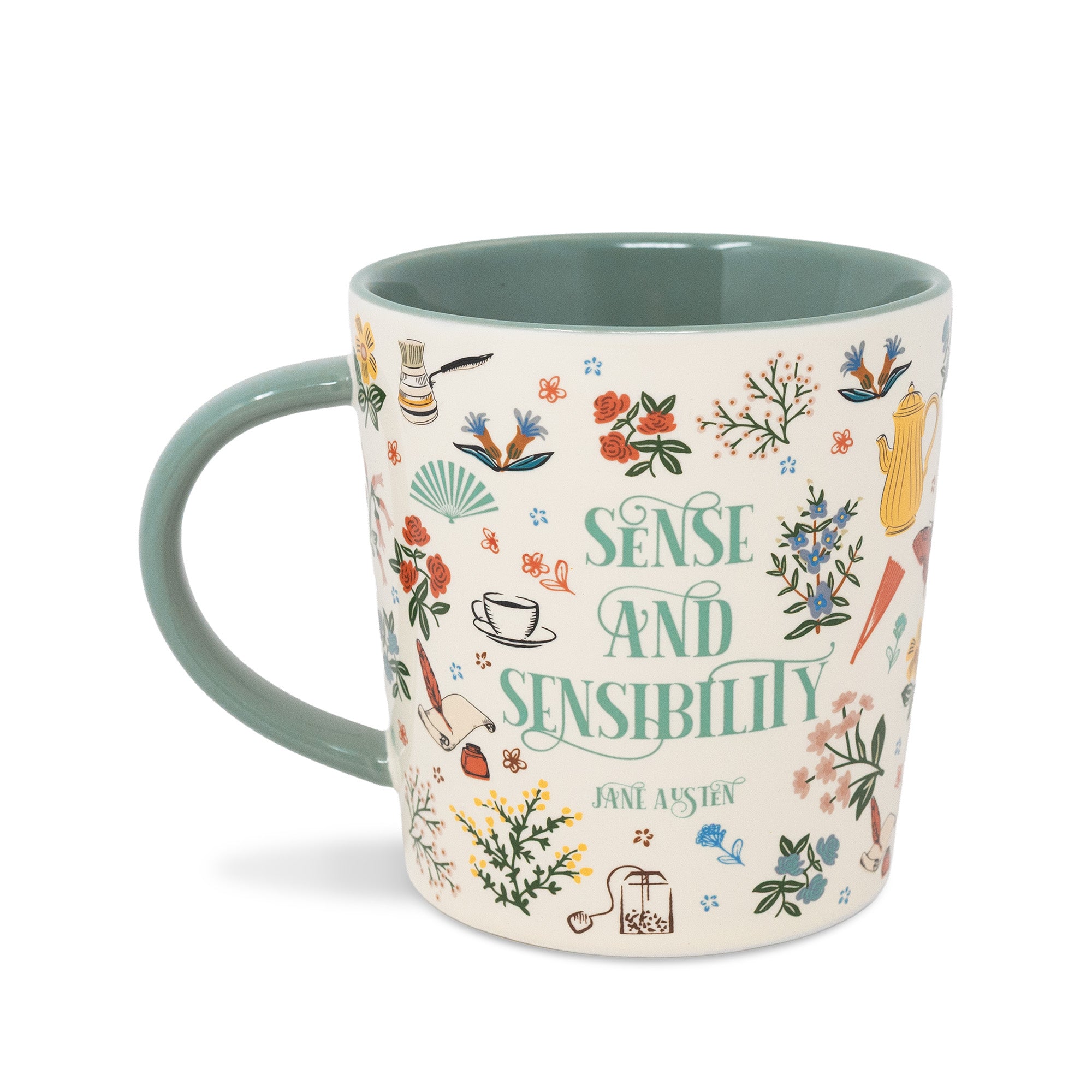 Mug with 'Sense and Sensibility' design featuring Jane Austen quote and illustrations on a white background.