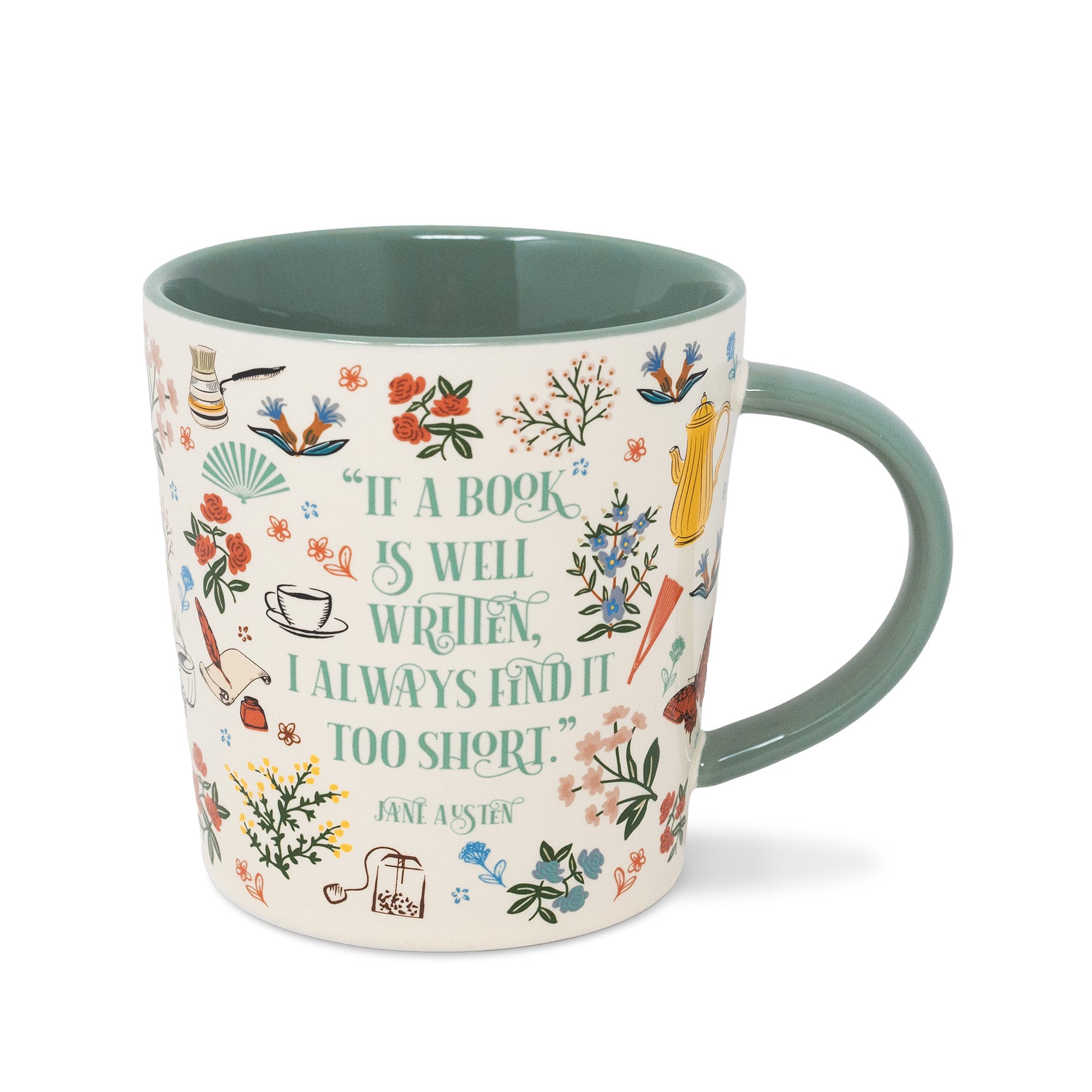 Mug with decorative design and Jane Austen quote on a white background