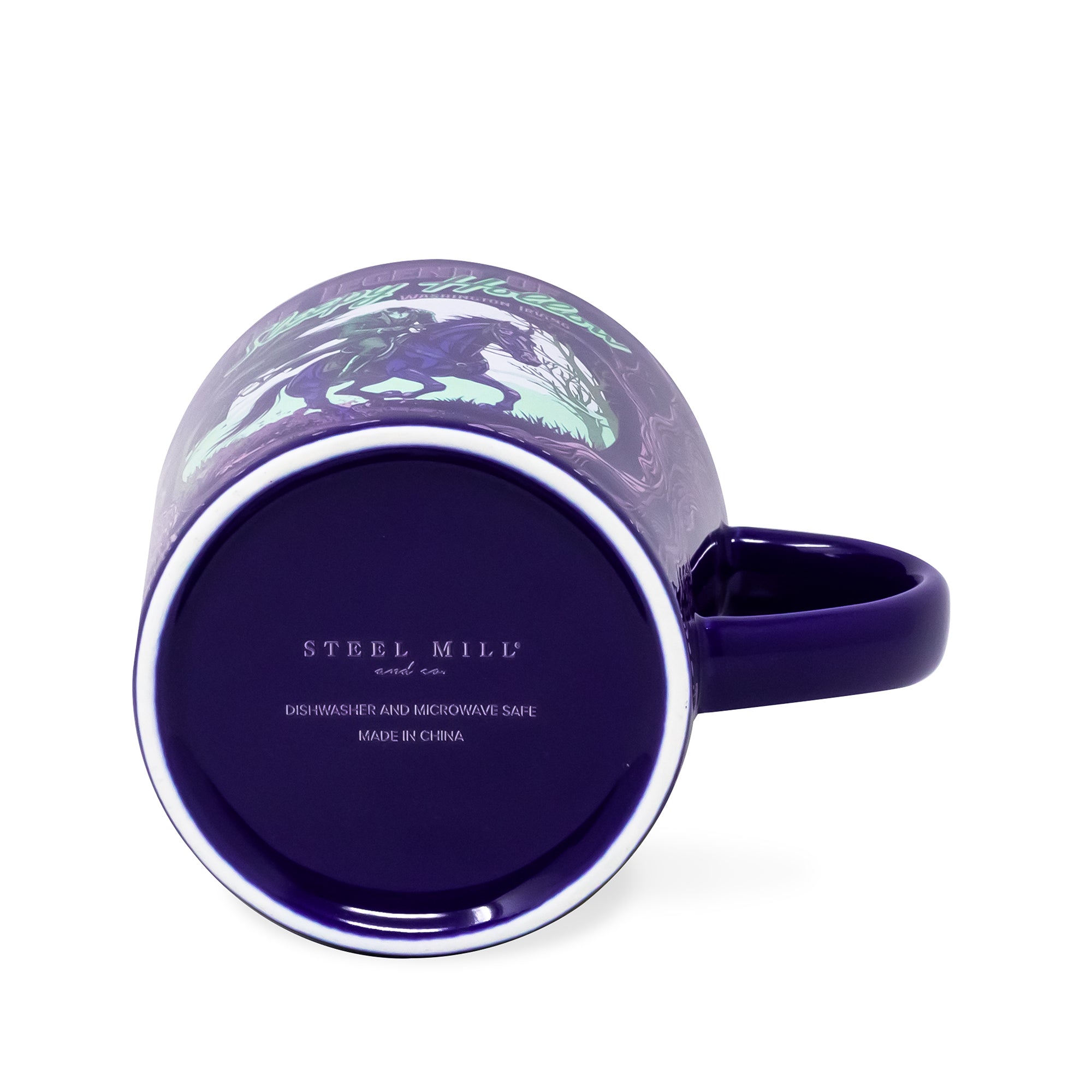 Purple mug with a design on the side and 'Steel Mill' branding on the bottom.