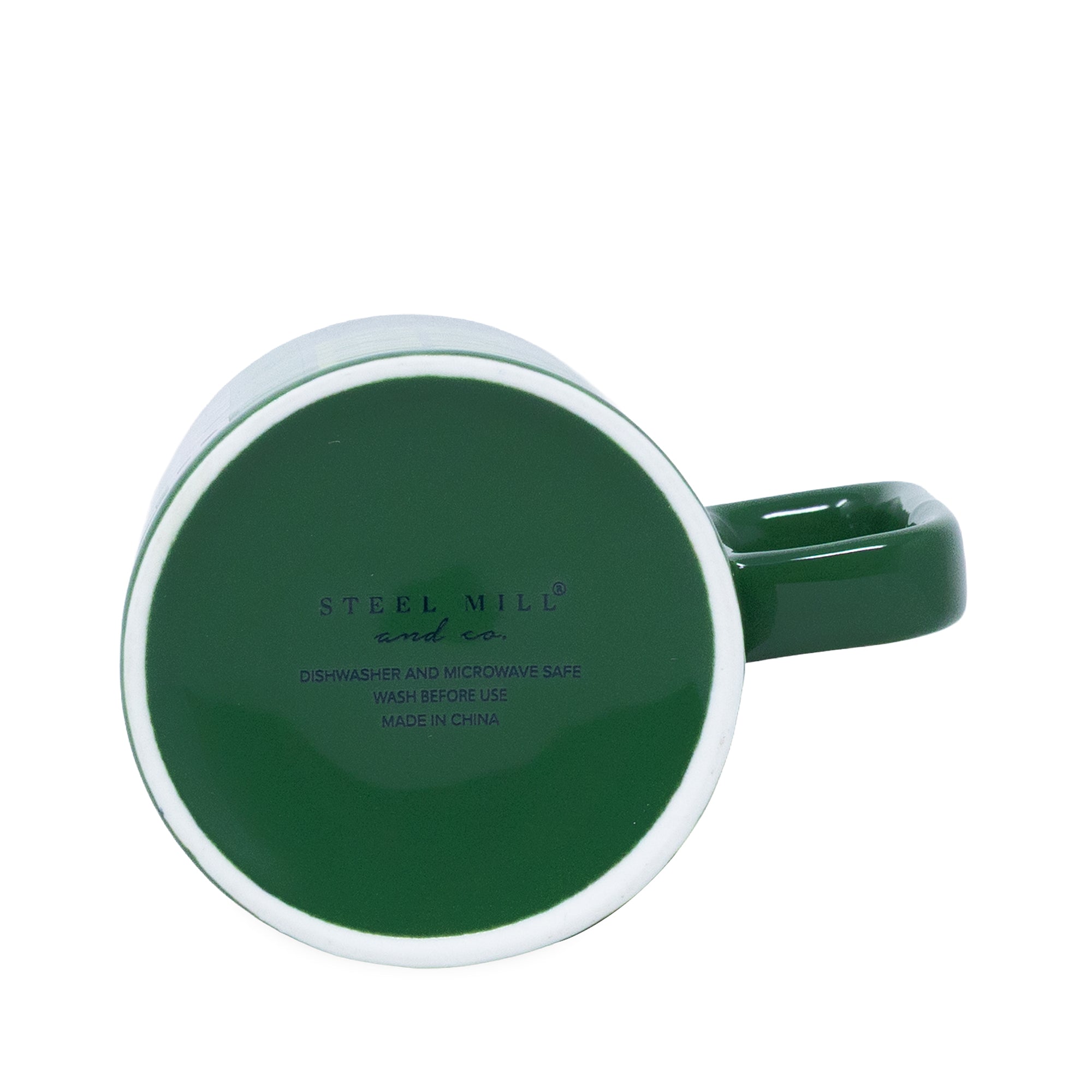 A dark green ceramic mug with a white rim, shown from a top-down angle on a white background. The inside of the mug features the 'Steel Mill and Co' brand name printed in black.