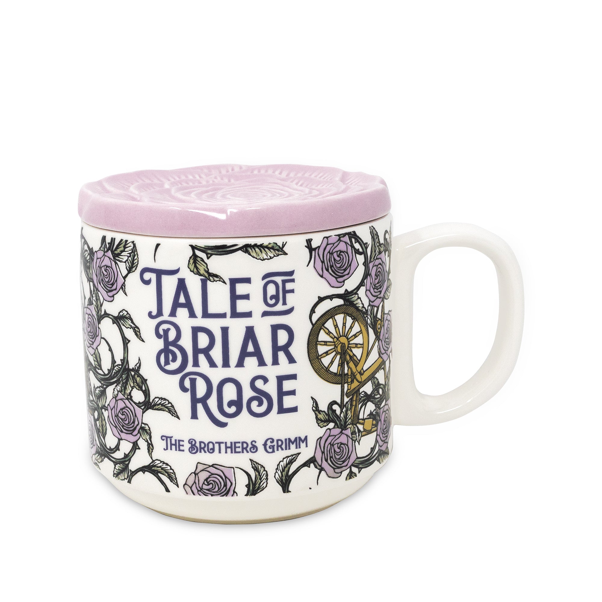 Mug with 'Tale of Briar Rose' design and purple lid on a white background