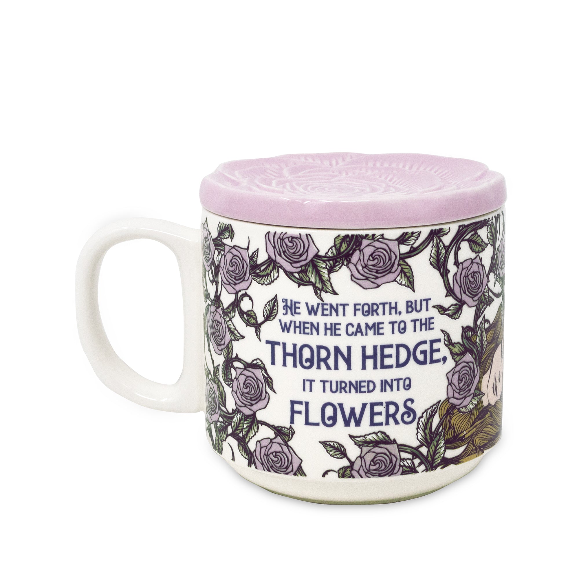 Mug with floral design and text on a white background