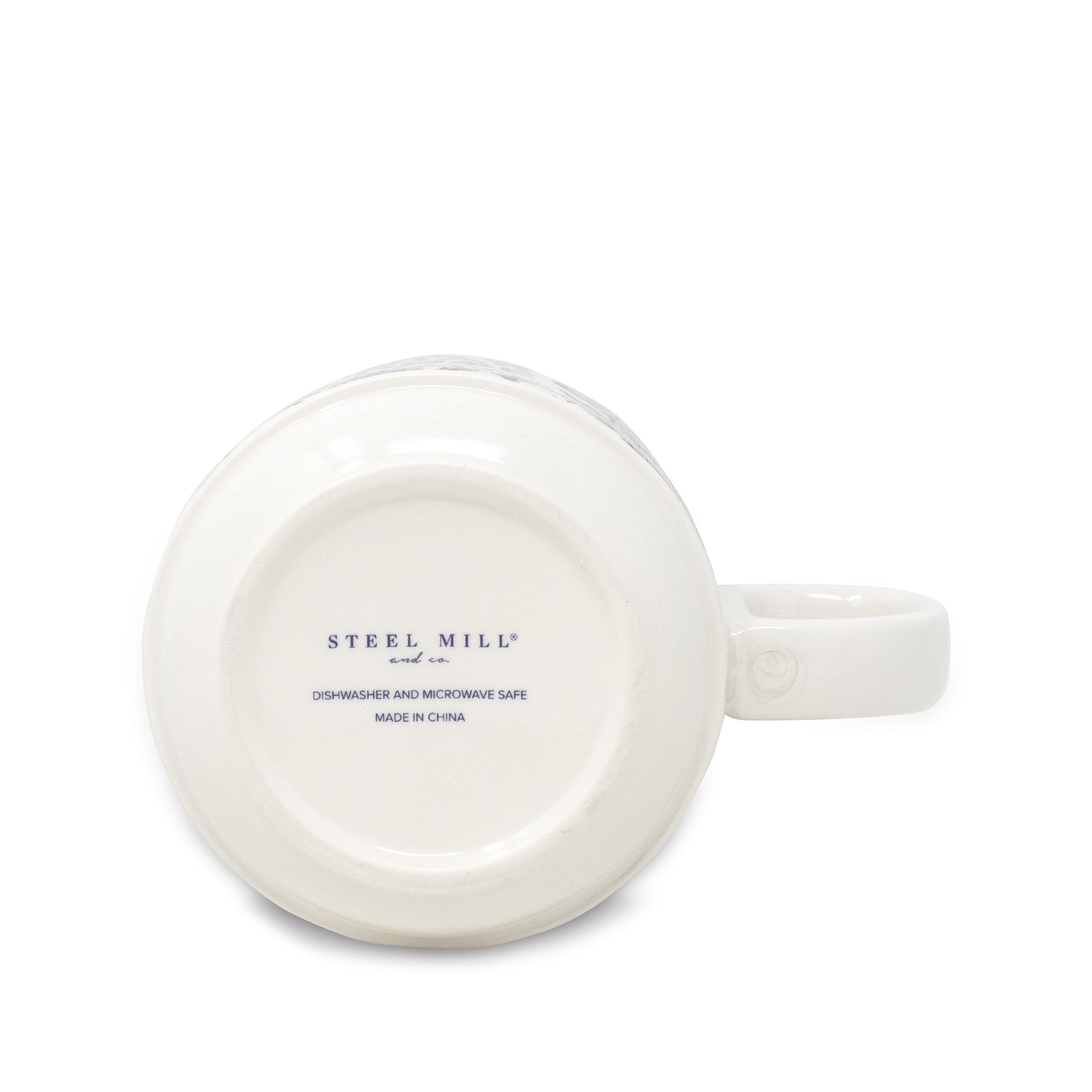 White mug with 'Steel Mill' branding on a white background