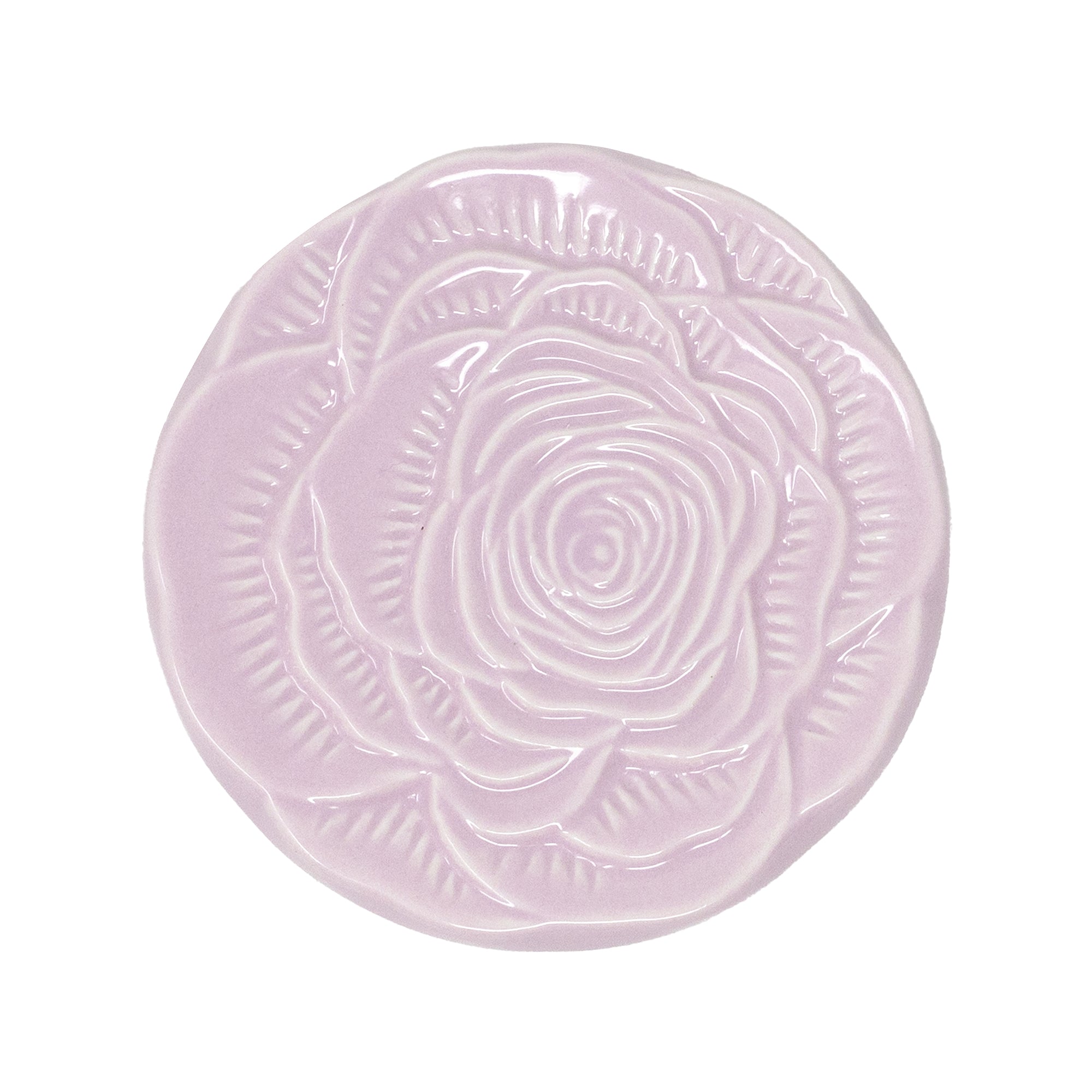 Pink ceramic plate with rose design on a white background