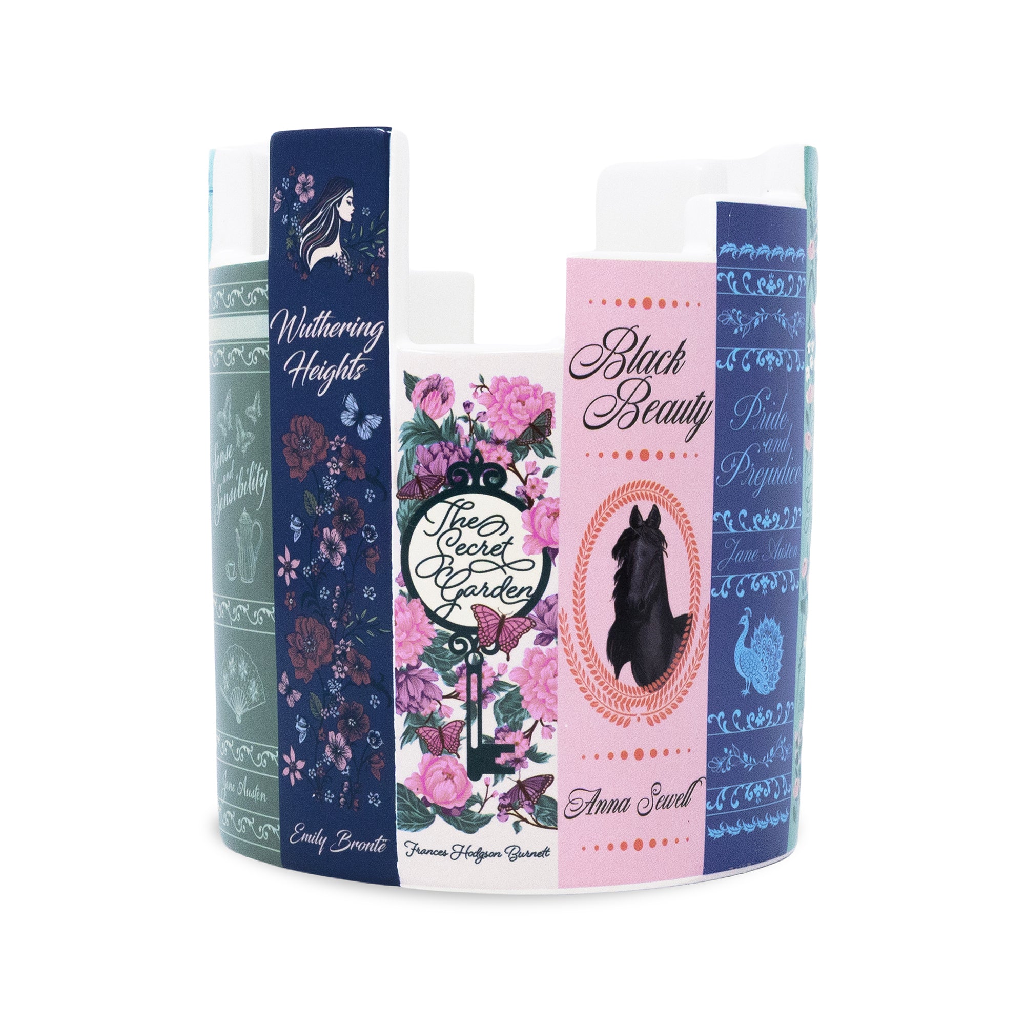 A set of four decorative book-shaped planter featuring illustrated book covers with horse and floral designs in navy, pink, blue, and white.