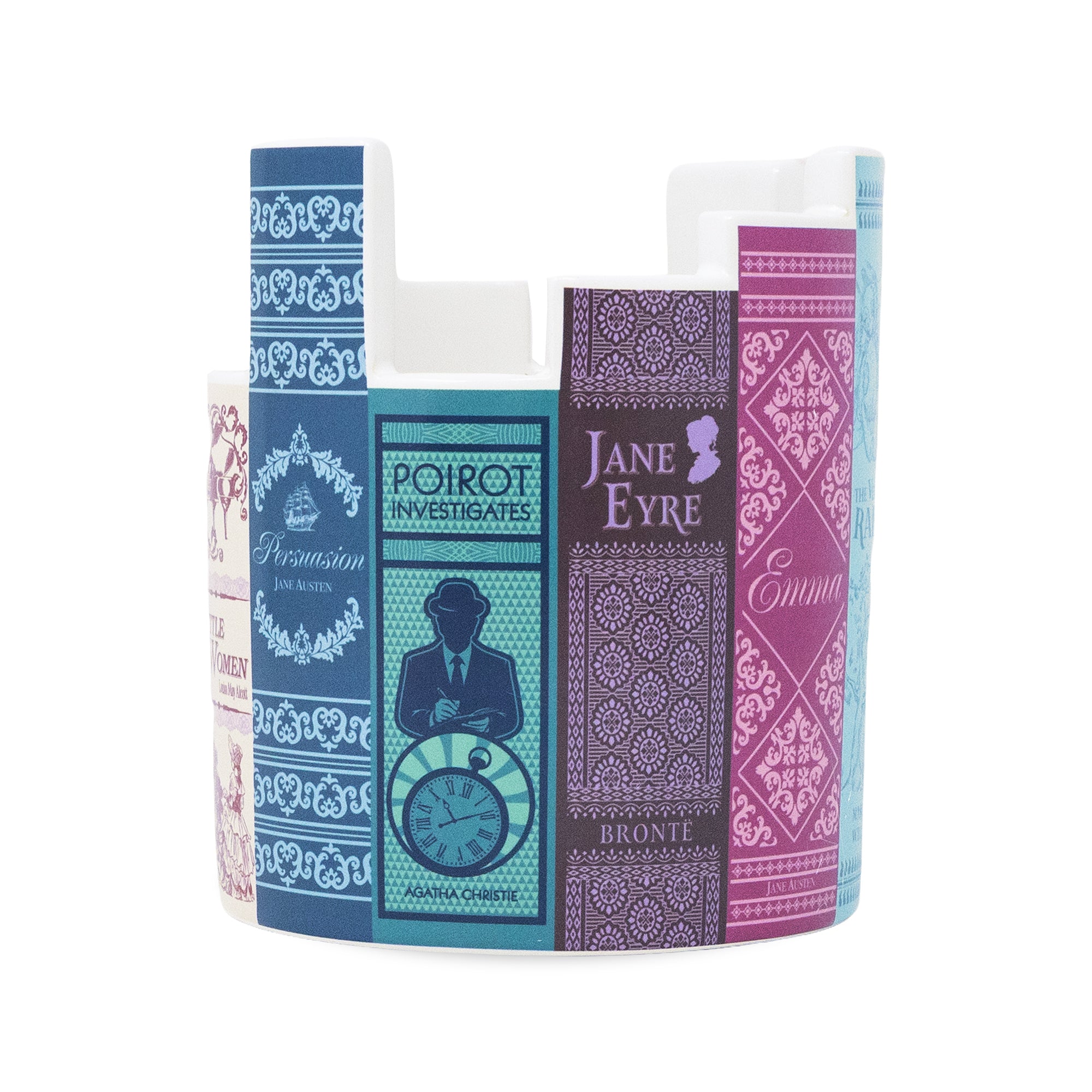 A white ceramic book-shaped planter featuring printed book spines, including designs for Jane Eyre, Poirot Investigates, Bronte, and Gulliver's Travels, on a plain white background.