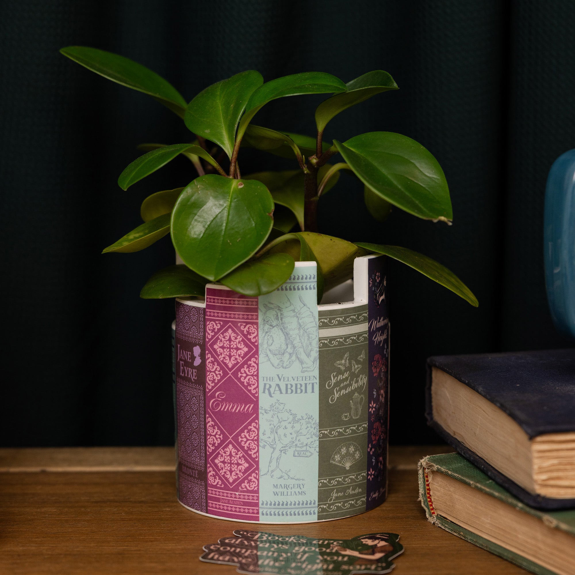A white ceramic book-shaped planter featuring printed book spines, including designs for Jane Eyre, Poirot Investigates, Bronte, and Gulliver's Travels with a plant inside